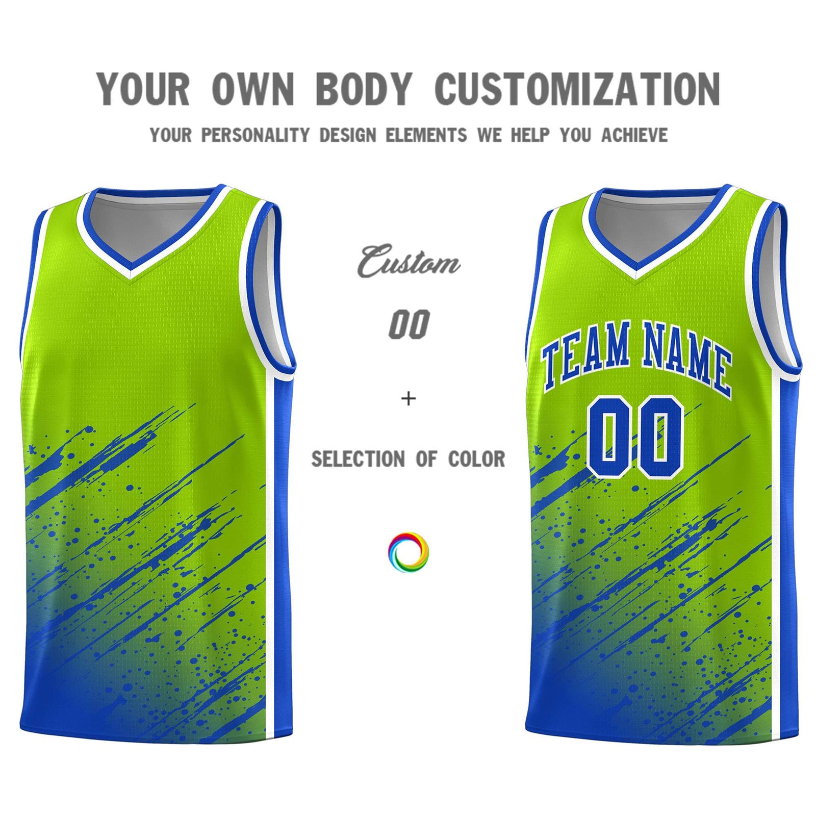 Custom Neon Green Basketball Kits With Royal Paint Graffiti