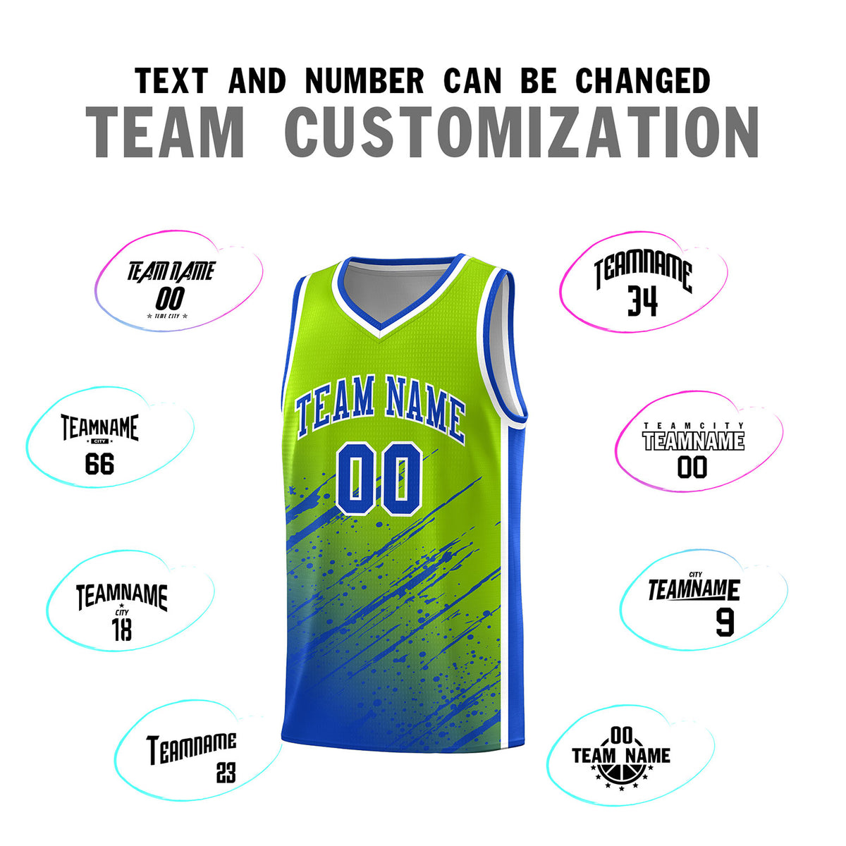Custom Neon Green Basketball Kits With Royal Paint Graffiti