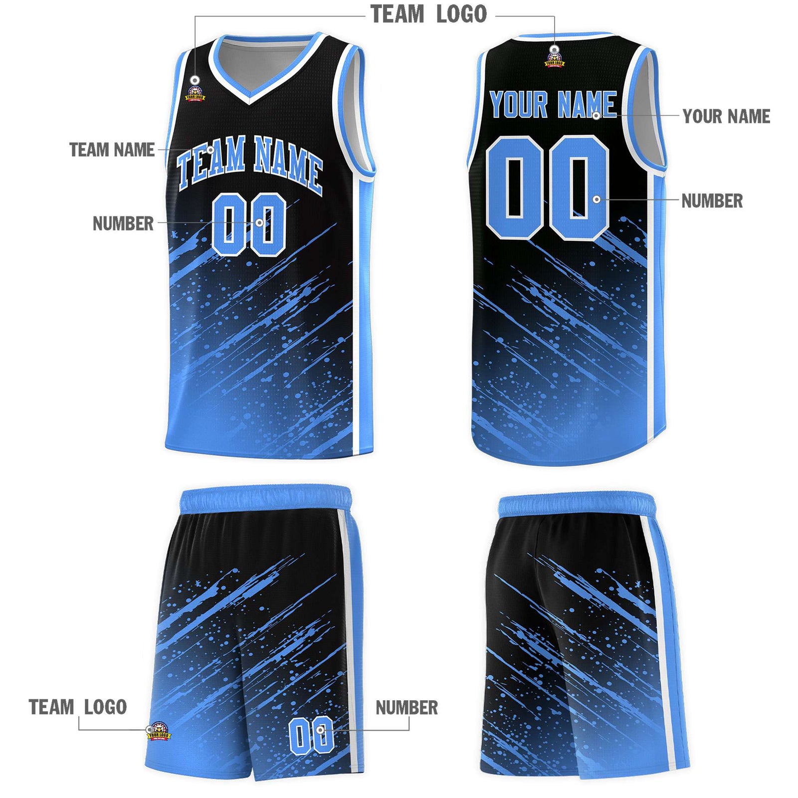 Custom Black Basketball Kits With Powder Blue Paint Graffiti