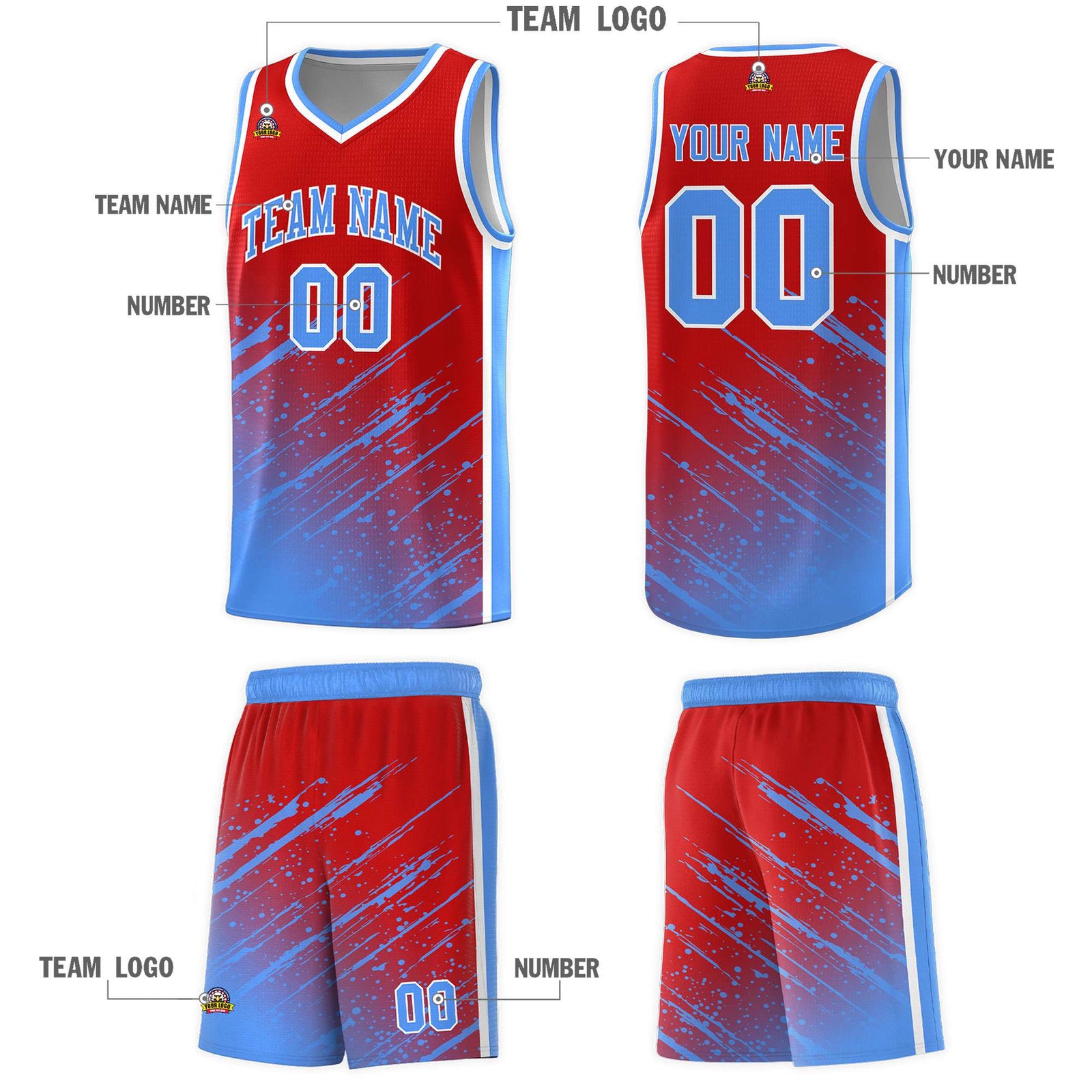 Custom Red Basketball Kits With Powder Blue Paint Graffiti