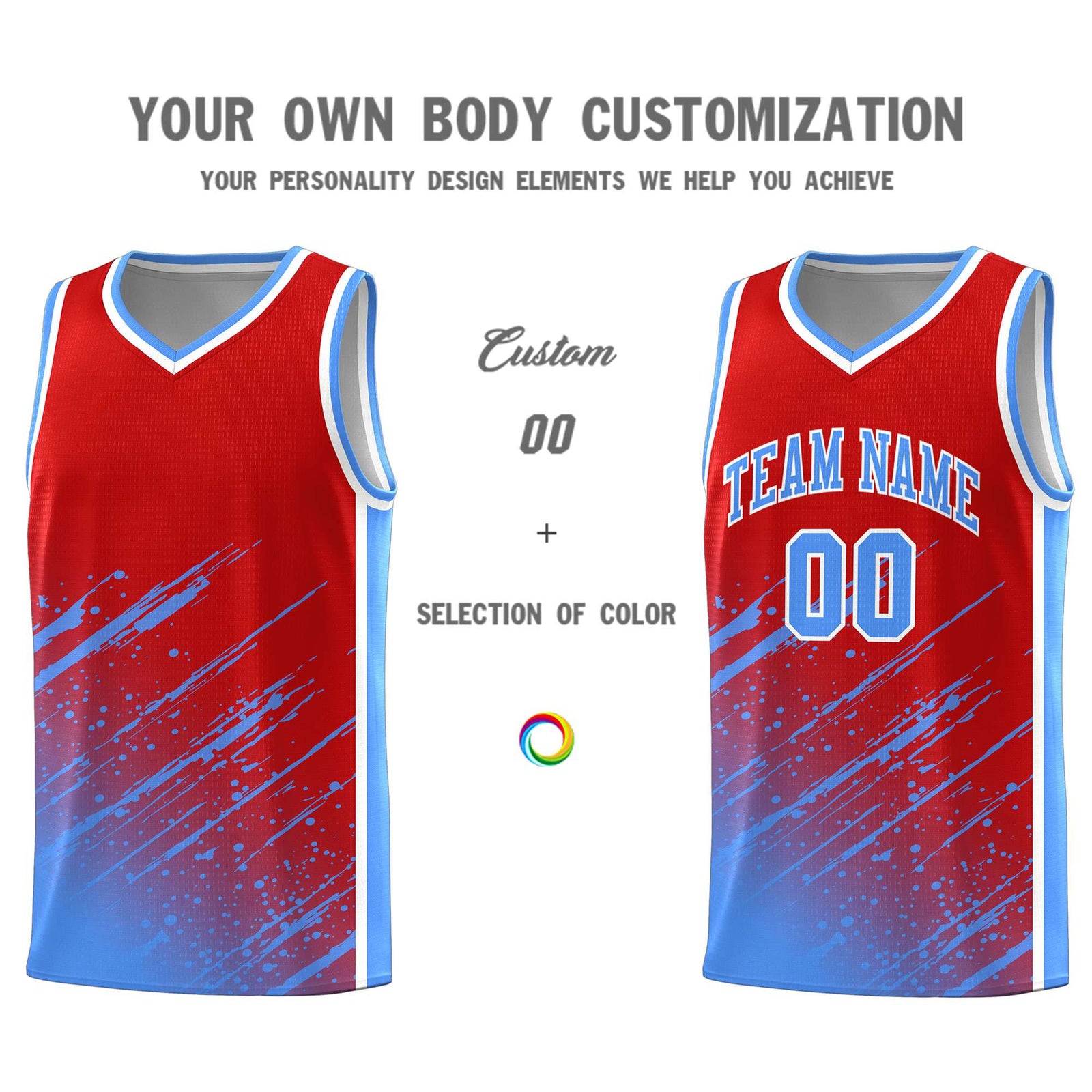Custom Red Basketball Kits With Powder Blue Paint Graffiti