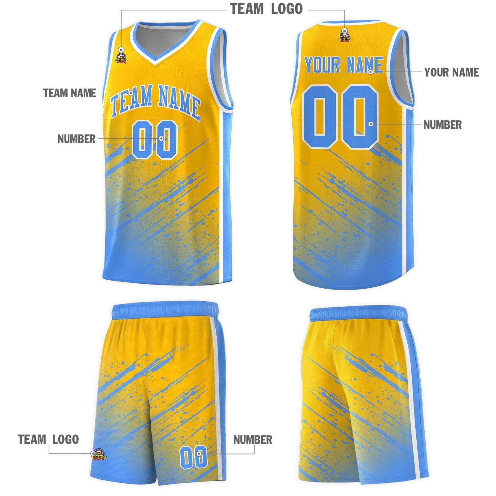 Custom Yellow Basketball Kits With Powder Blue Paint Graffiti