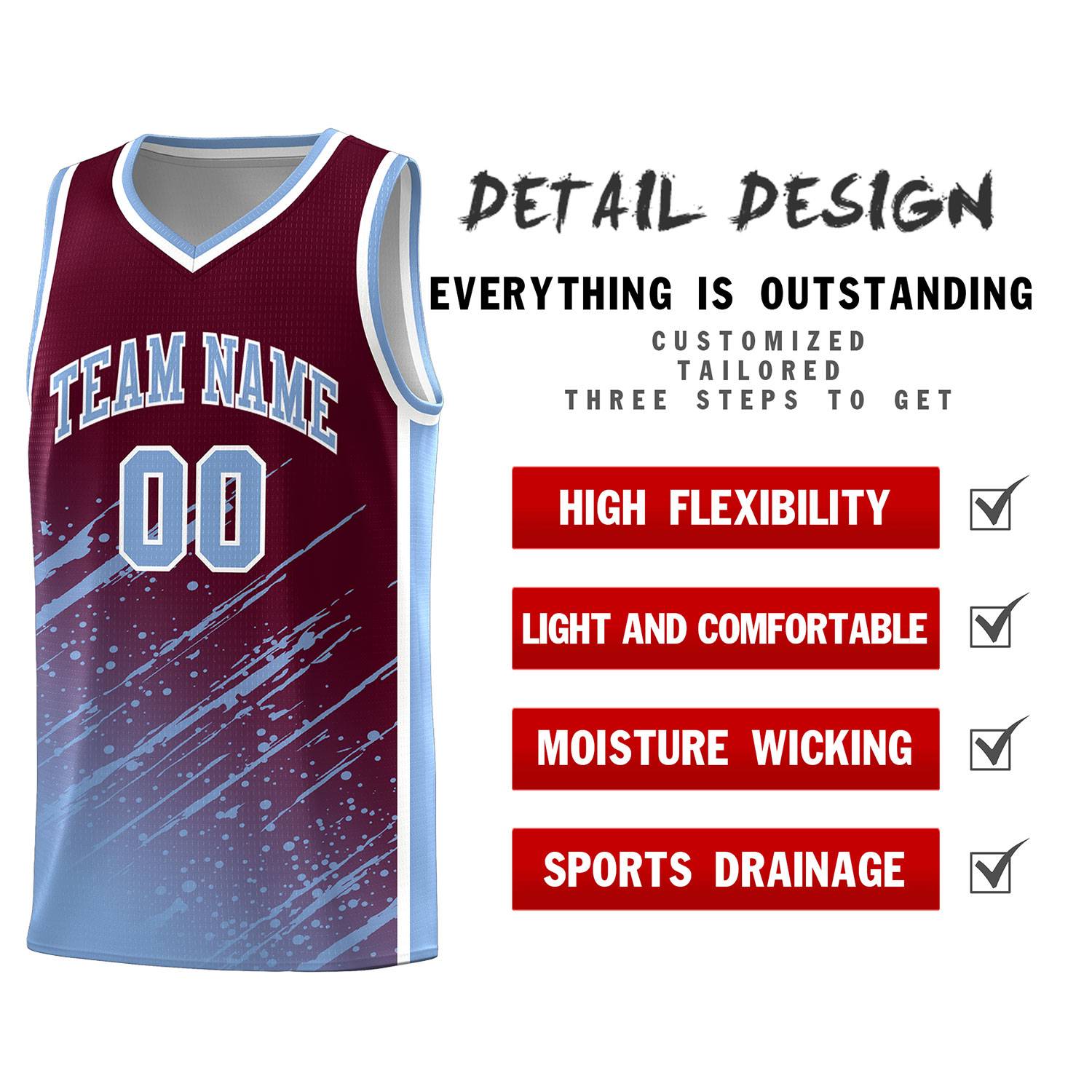 Custom Crimson Basketball Kits With Light Blue Paint Graffiti