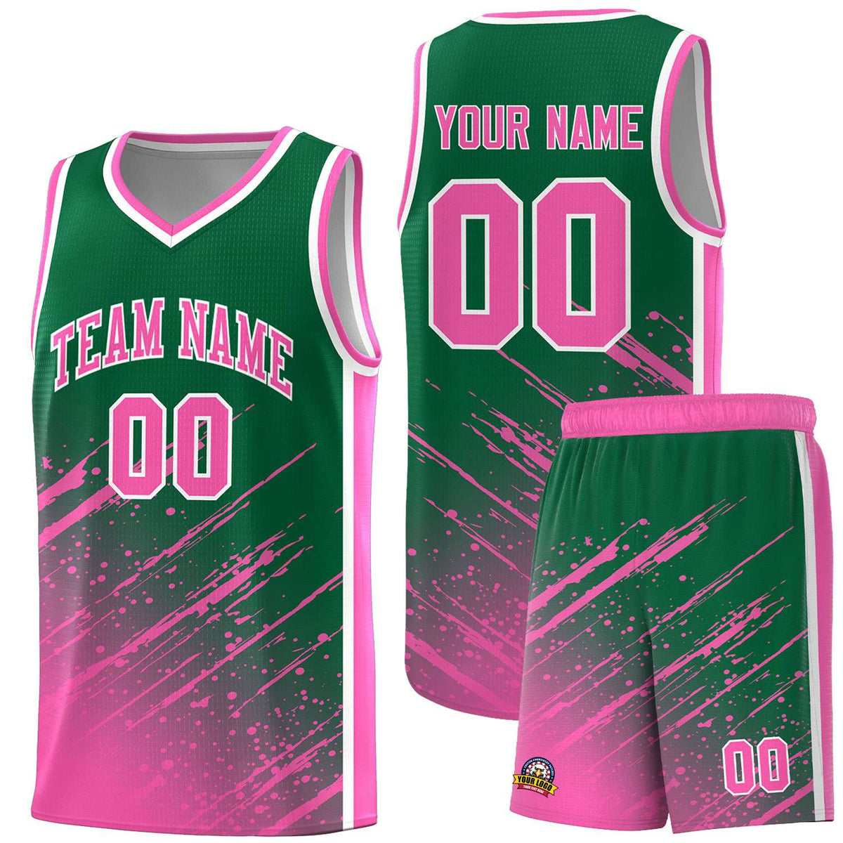 Custom Kelly Green Basketball Kits With Pink Paint Graffiti