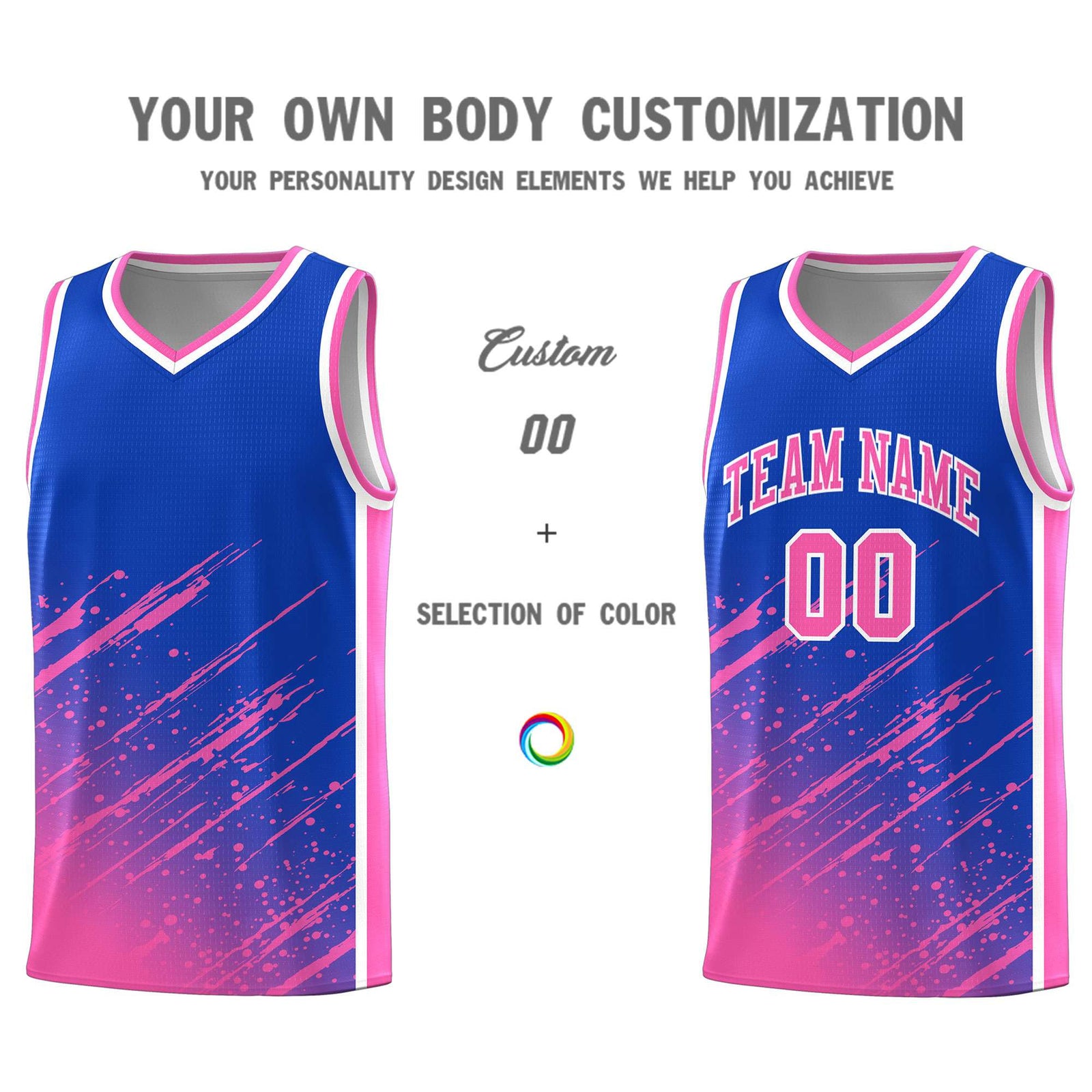 Custom Royal Basketball Kits With Pink Paint Graffiti