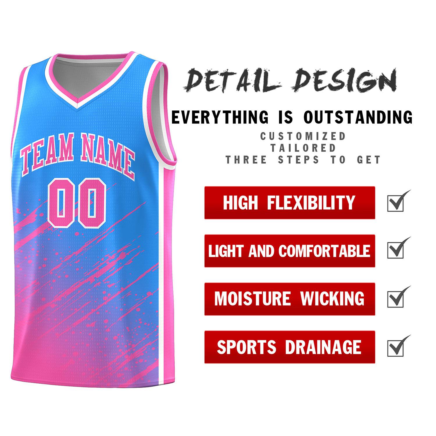 Custom Powder Blue Basketball Kits With Pink Paint Graffiti