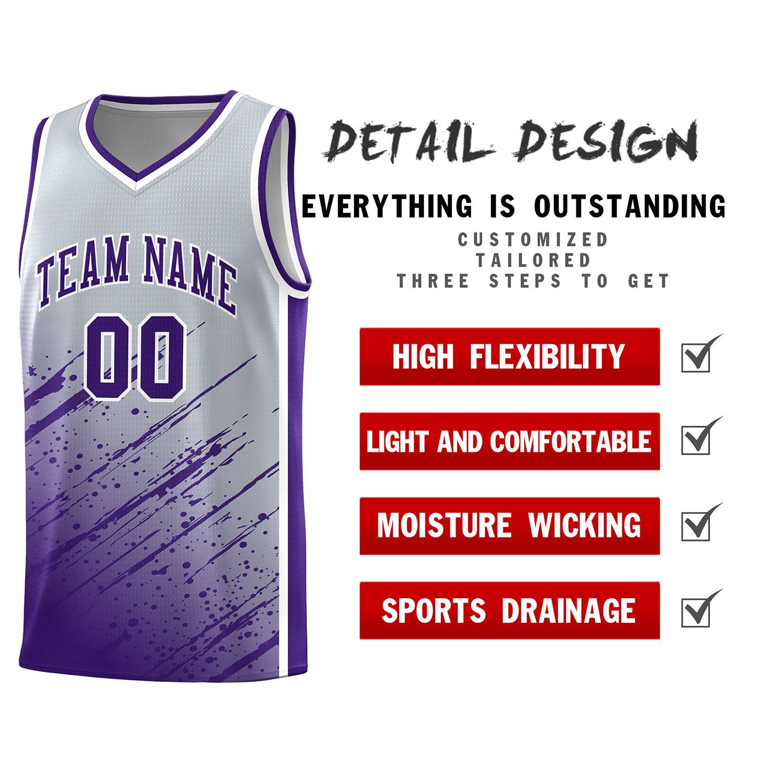 Custom Gray Basketball Kits With Purple Paint Graffiti