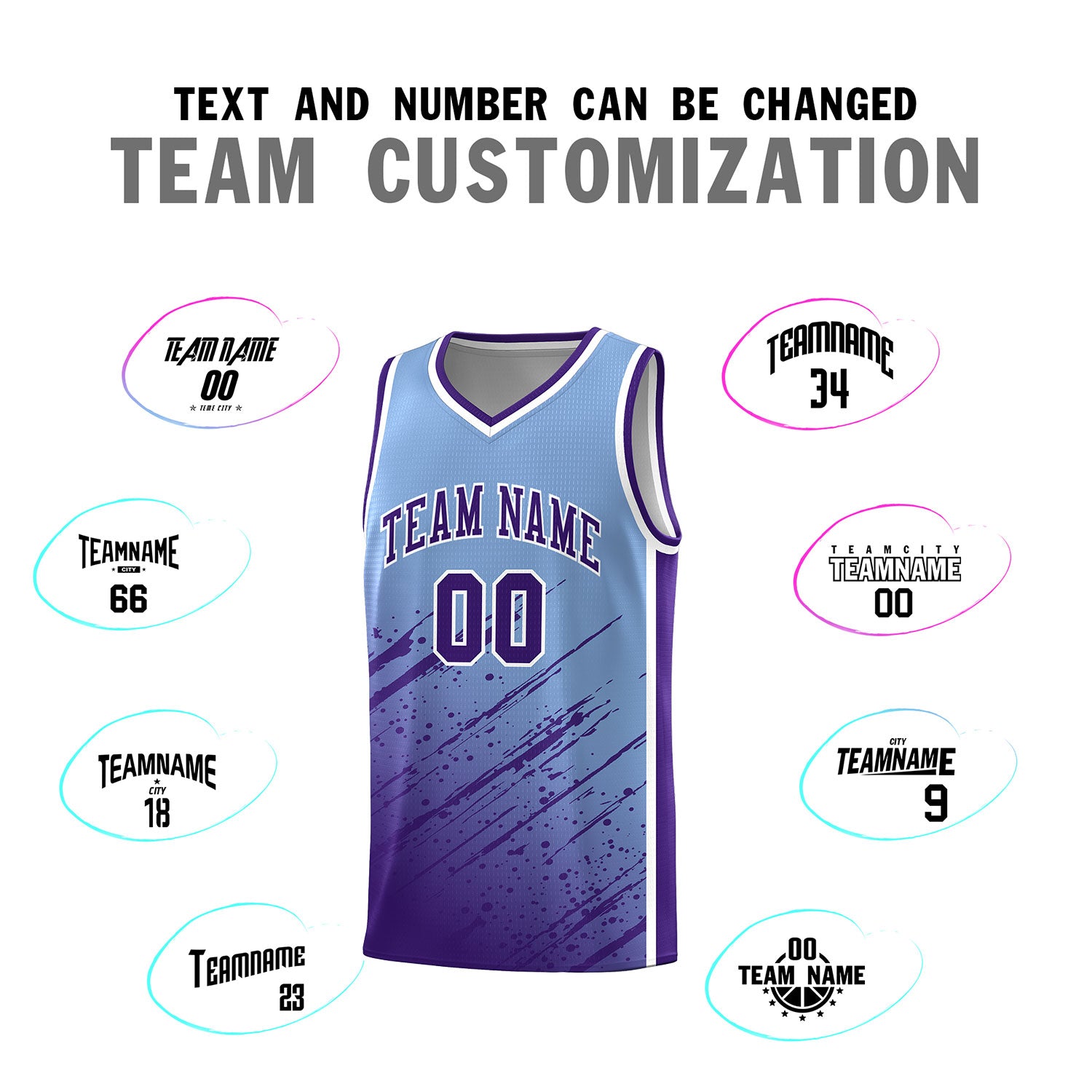 Custom Light Blue Basketball Kits With Purple Paint Graffiti