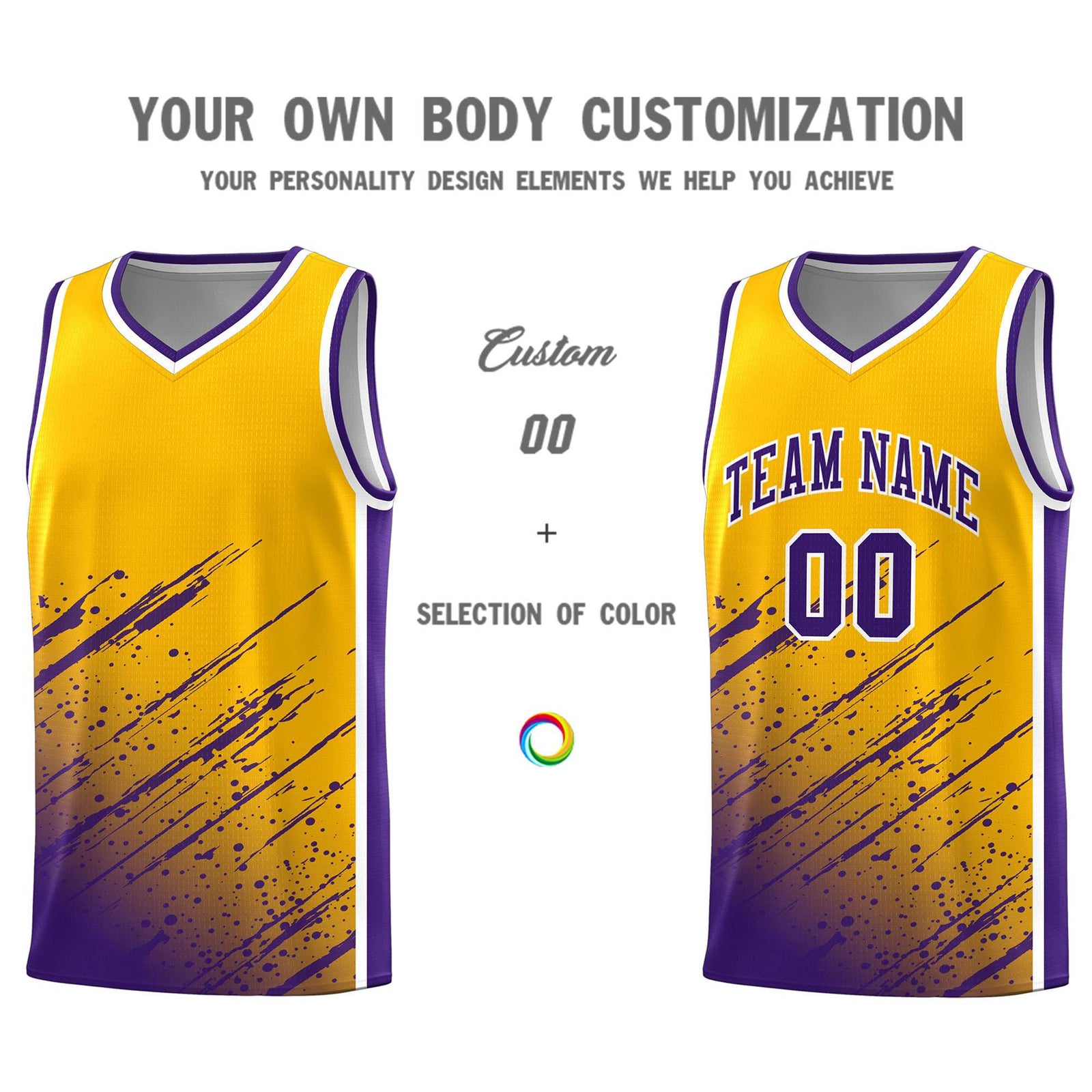 Custom Yellow Basketball Kits With Purple Paint Graffiti
