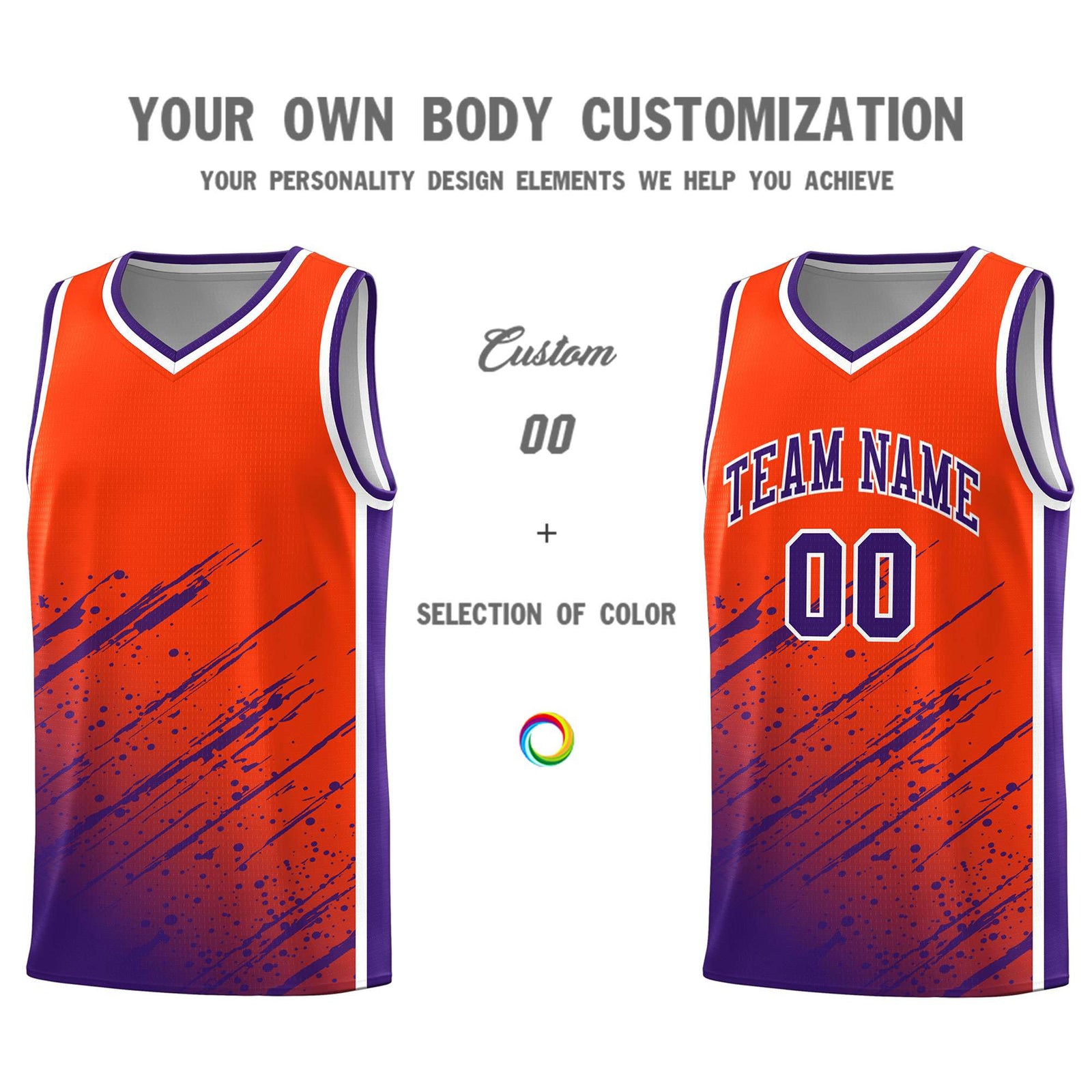 Custom Orange Basketball Kits With Purple Paint Graffiti