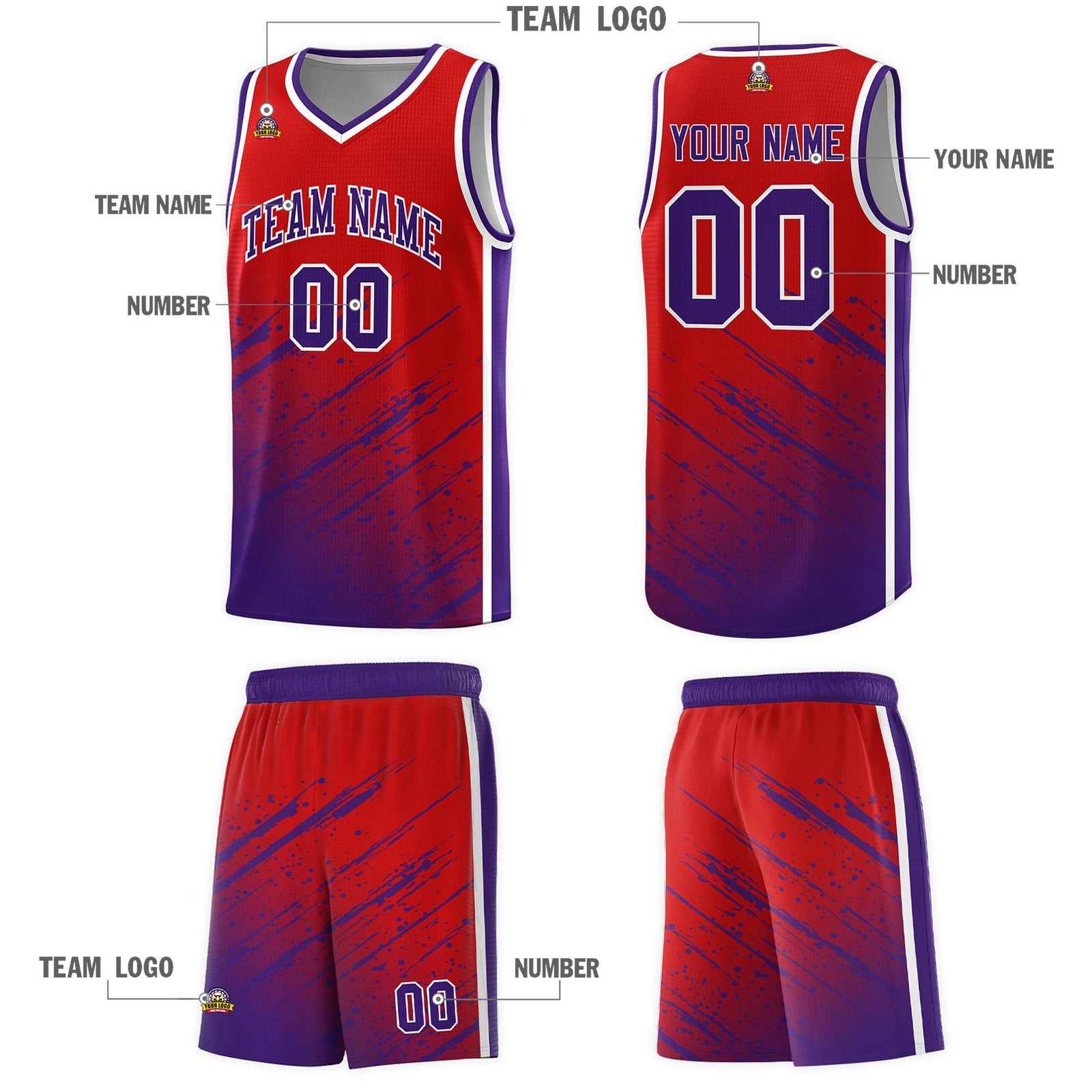 Custom Red Basketball Kits With Purple Paint Graffiti