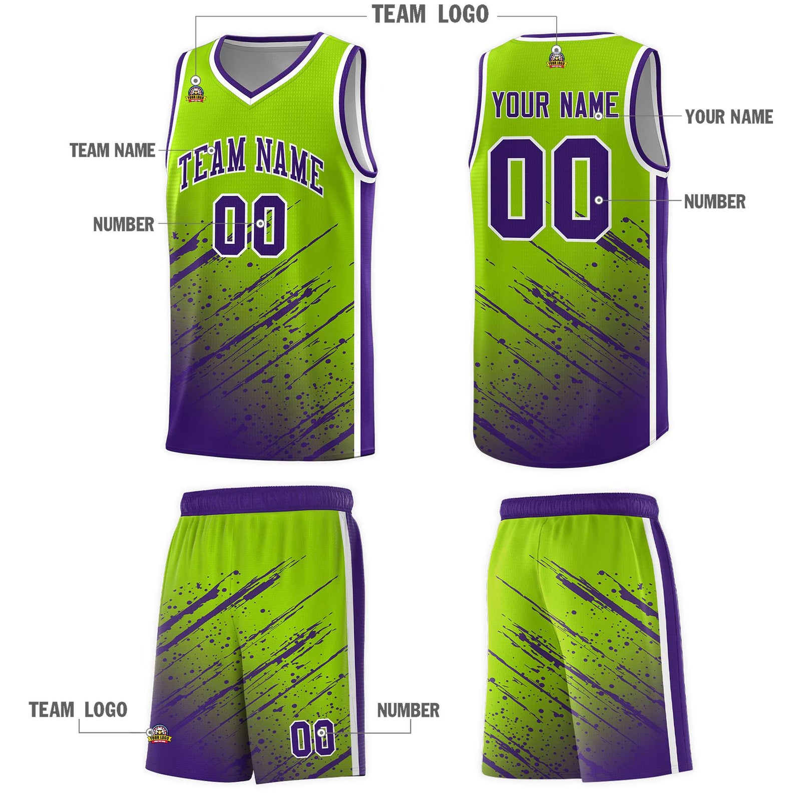 Custom Neon Green Basketball Kits With Purple Paint Graffiti