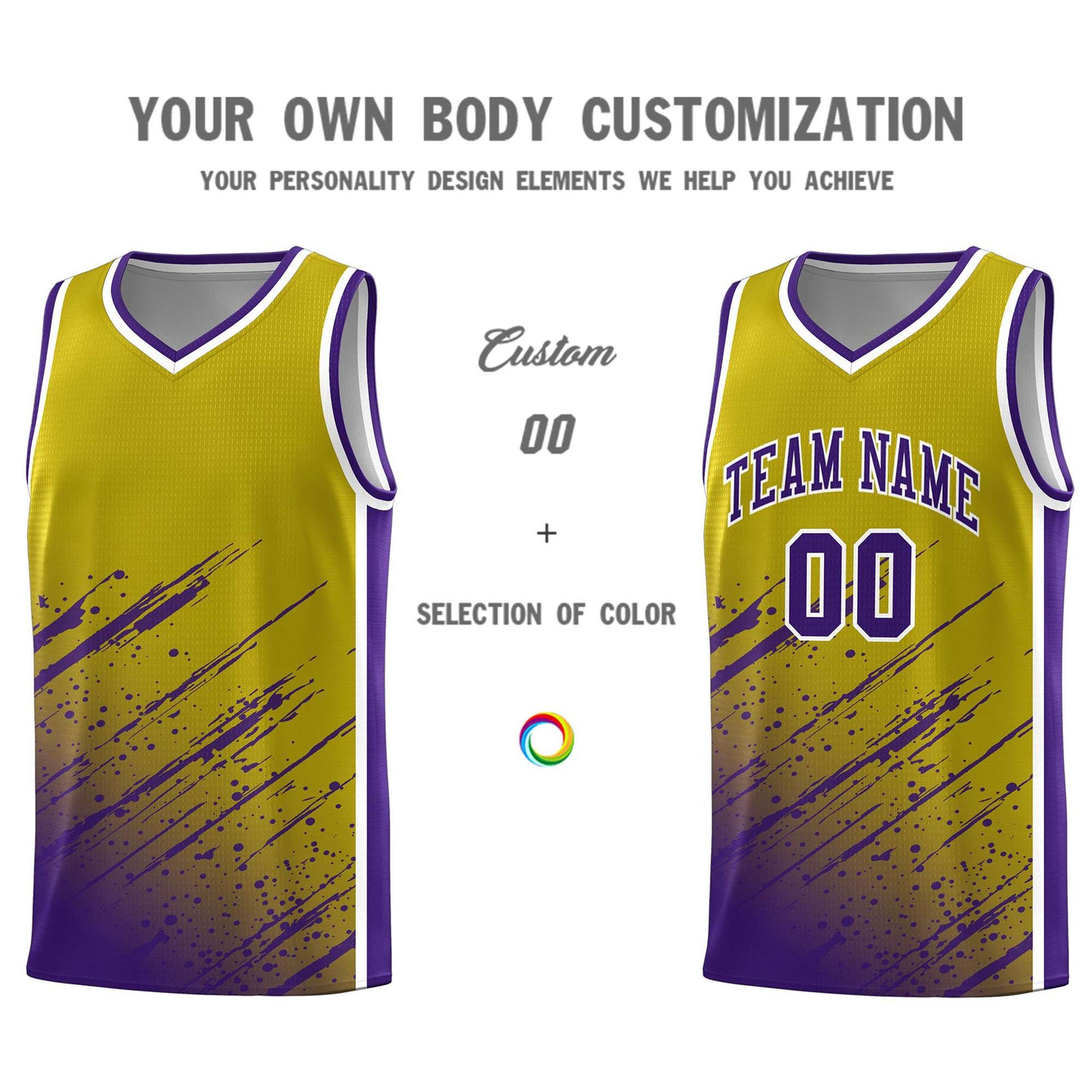 Custom Old Gold Basketball Kits With Purple Paint Graffiti