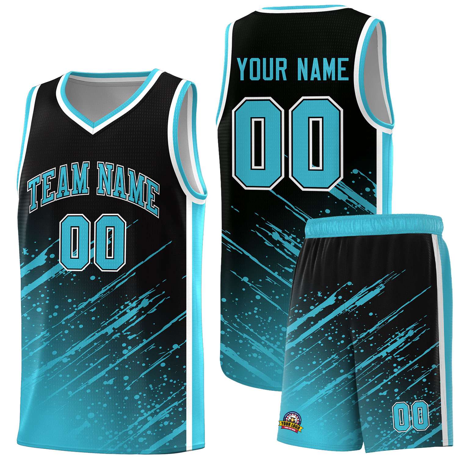 Custom Black Basketball Kits With Sky Blue Paint Graffiti