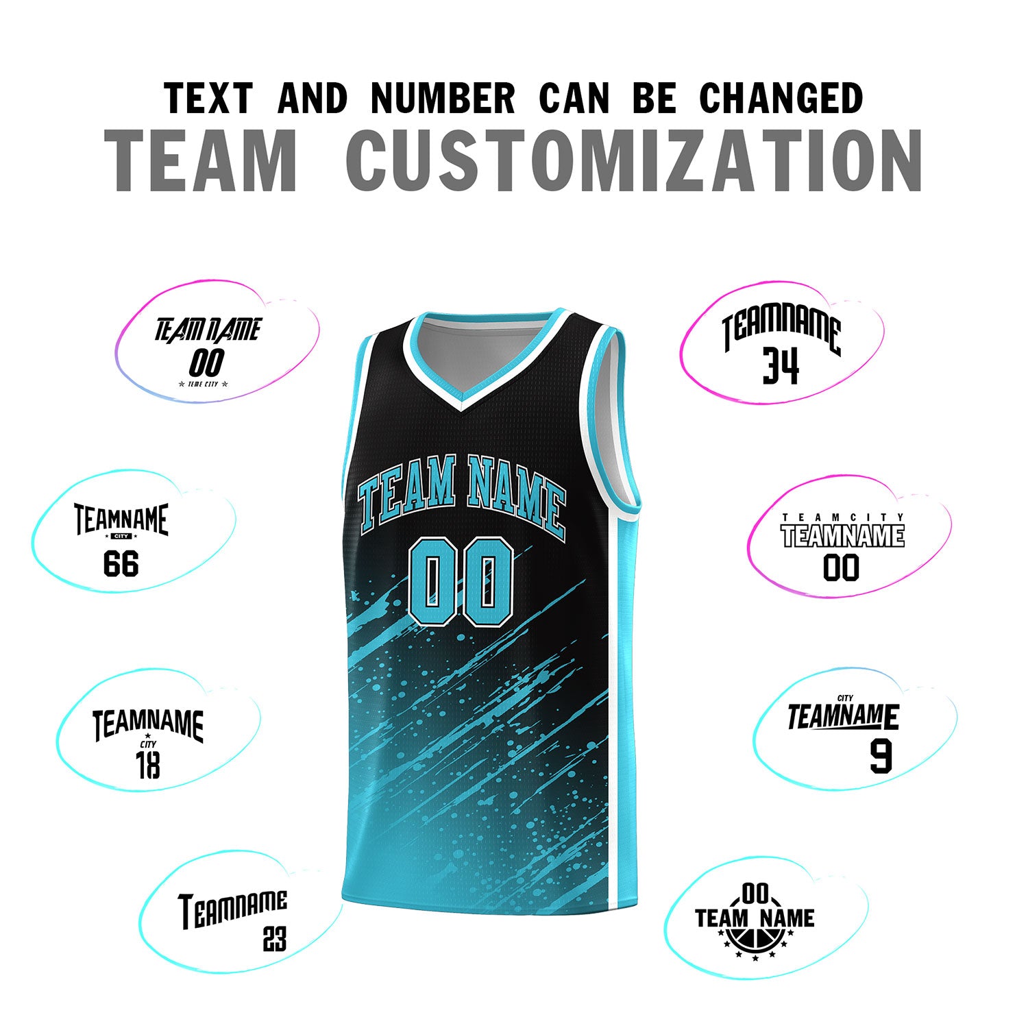 Custom Black Basketball Kits With Sky Blue Paint Graffiti