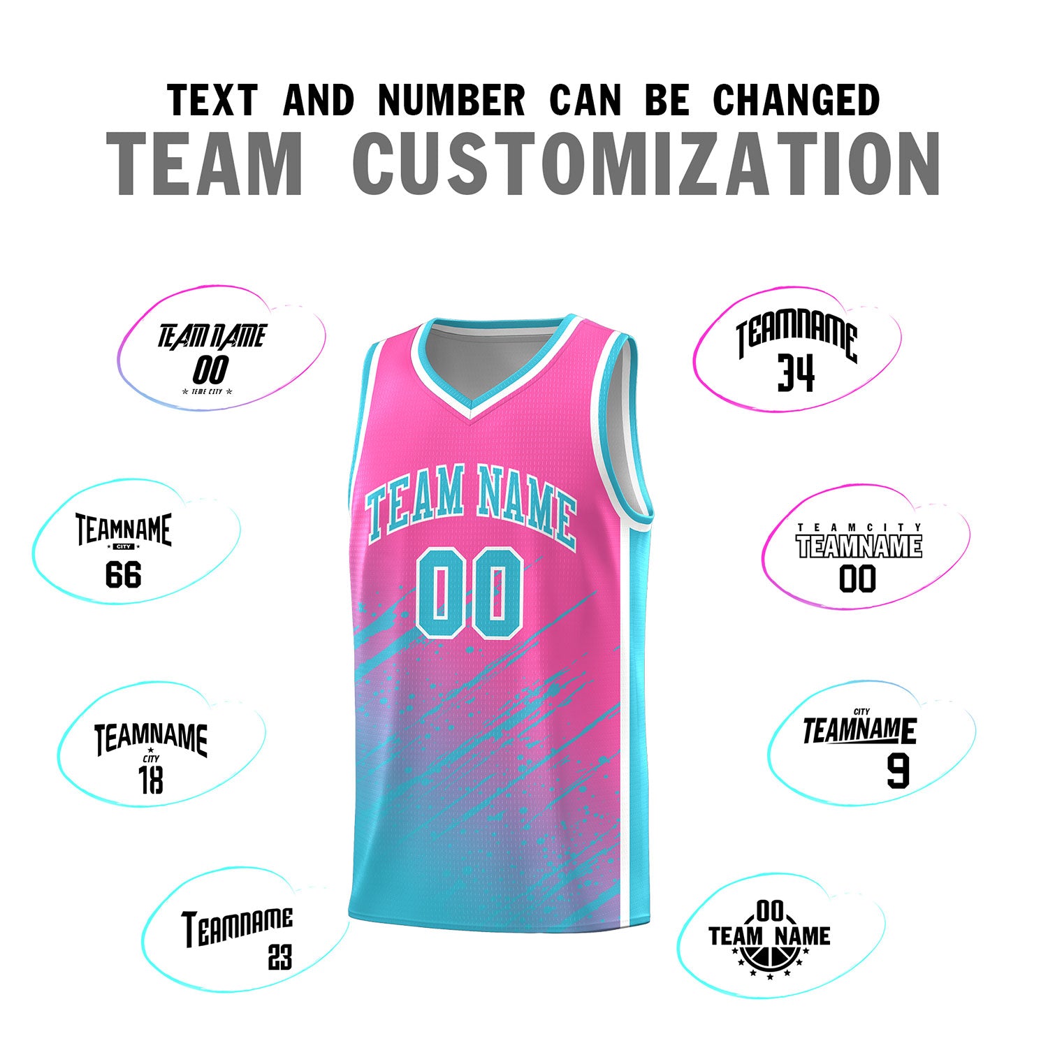 Custom Pink Basketball Kits With Sky Blue Paint Graffiti