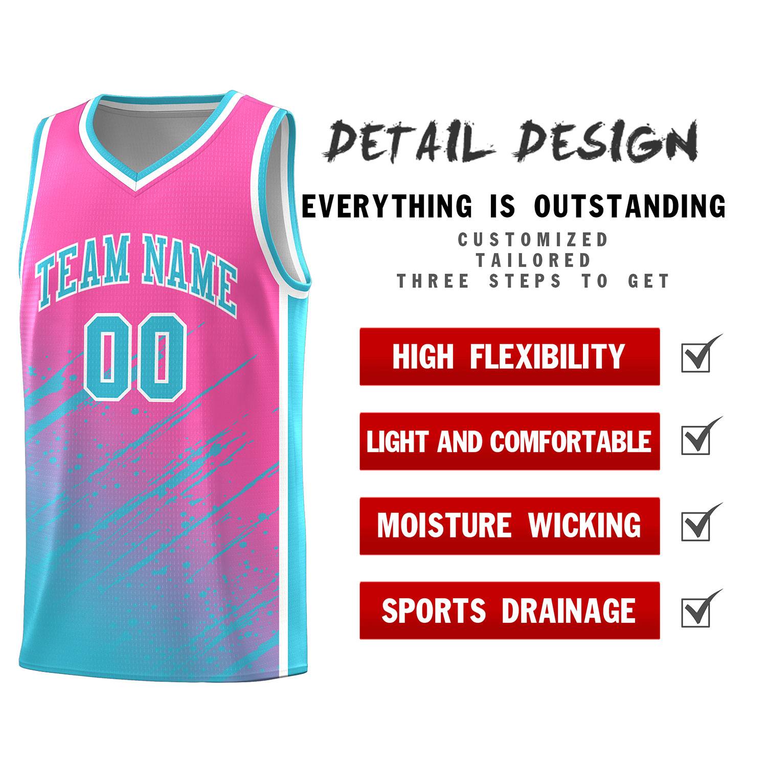 Custom Pink Basketball Kits With Sky Blue Paint Graffiti
