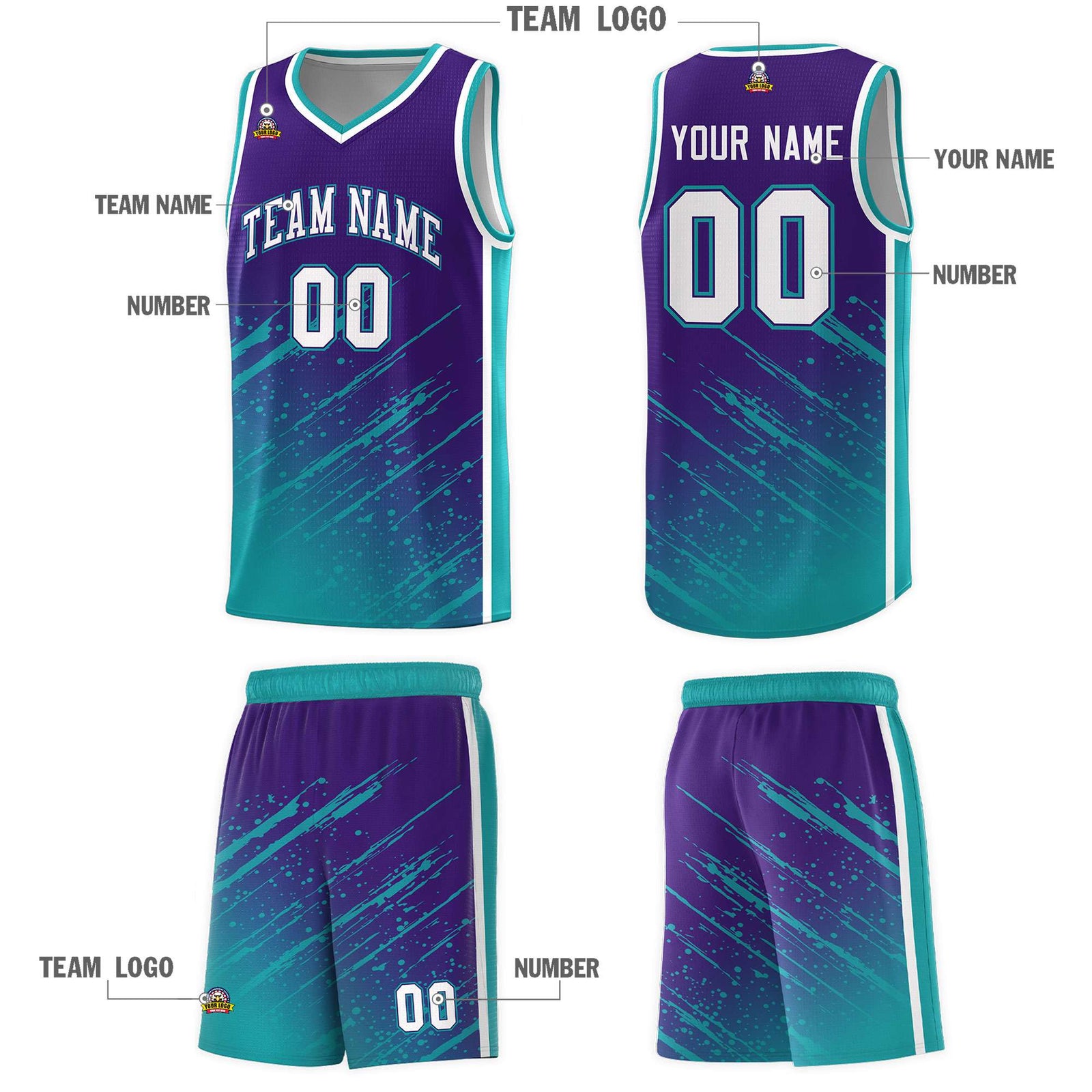 Custom Purple Basketball Kits With Aqua Paint Graffiti
