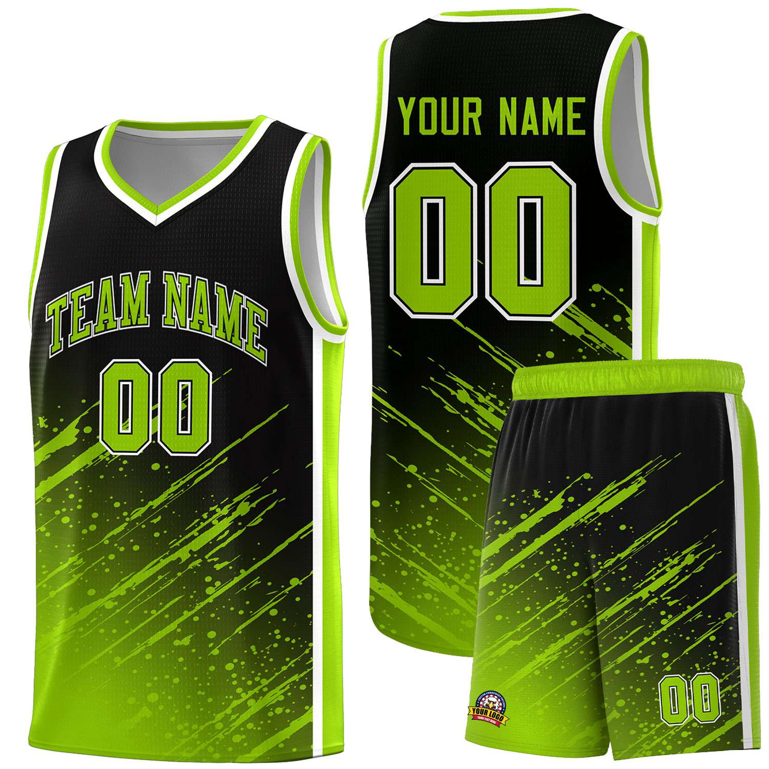 Custom Black Basketball Kits With Neon Green Paint Graffiti