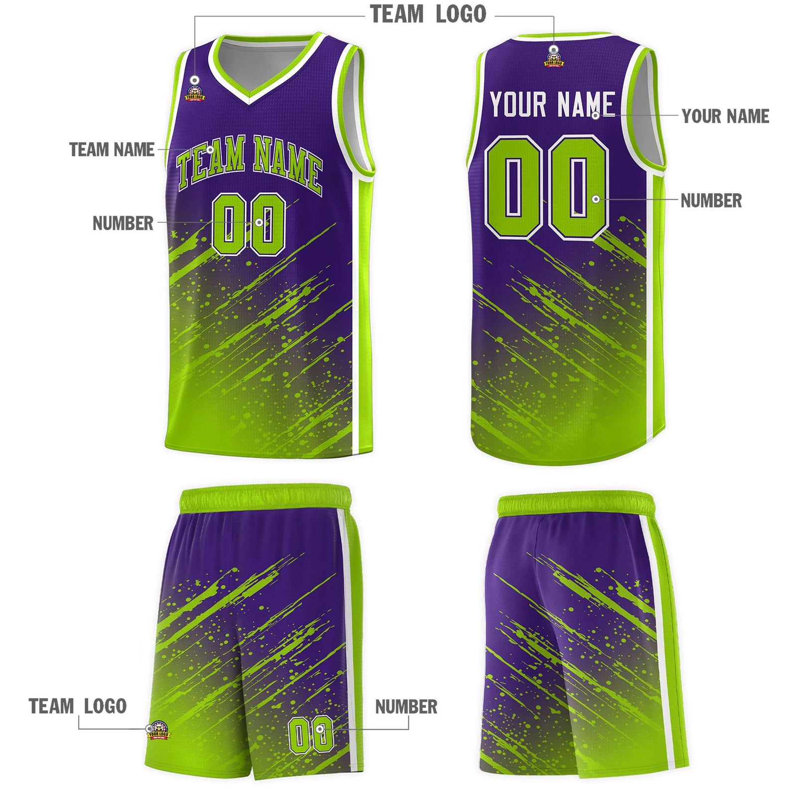 Custom Purple Basketball Kits With Neon Green Paint Graffiti