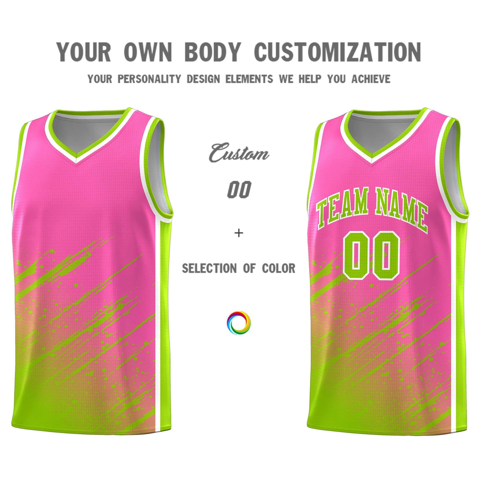 Custom Pink Basketball Kits With Neon Green Paint Graffiti