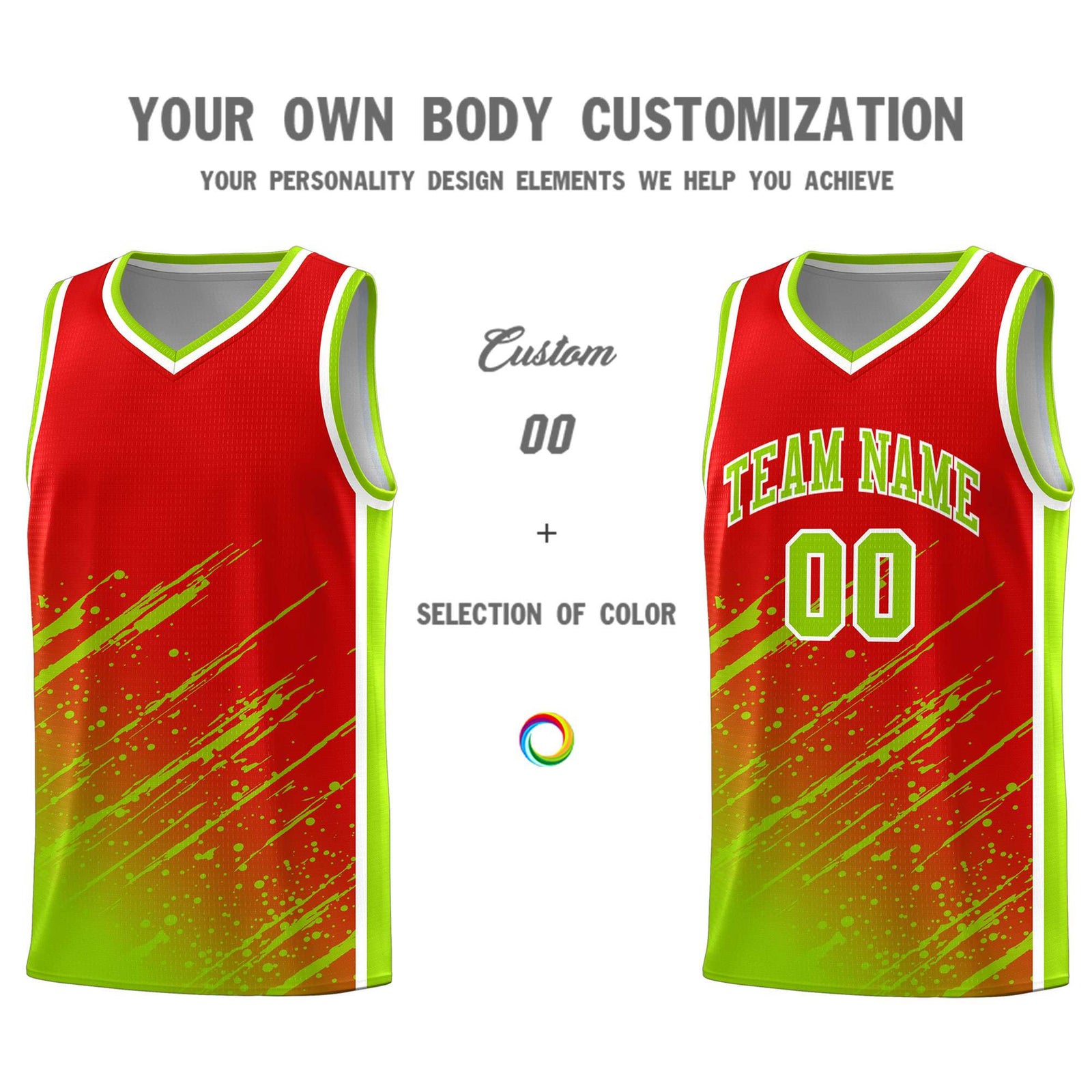 Custom Red Basketball Kits With Neon Green Paint Graffiti