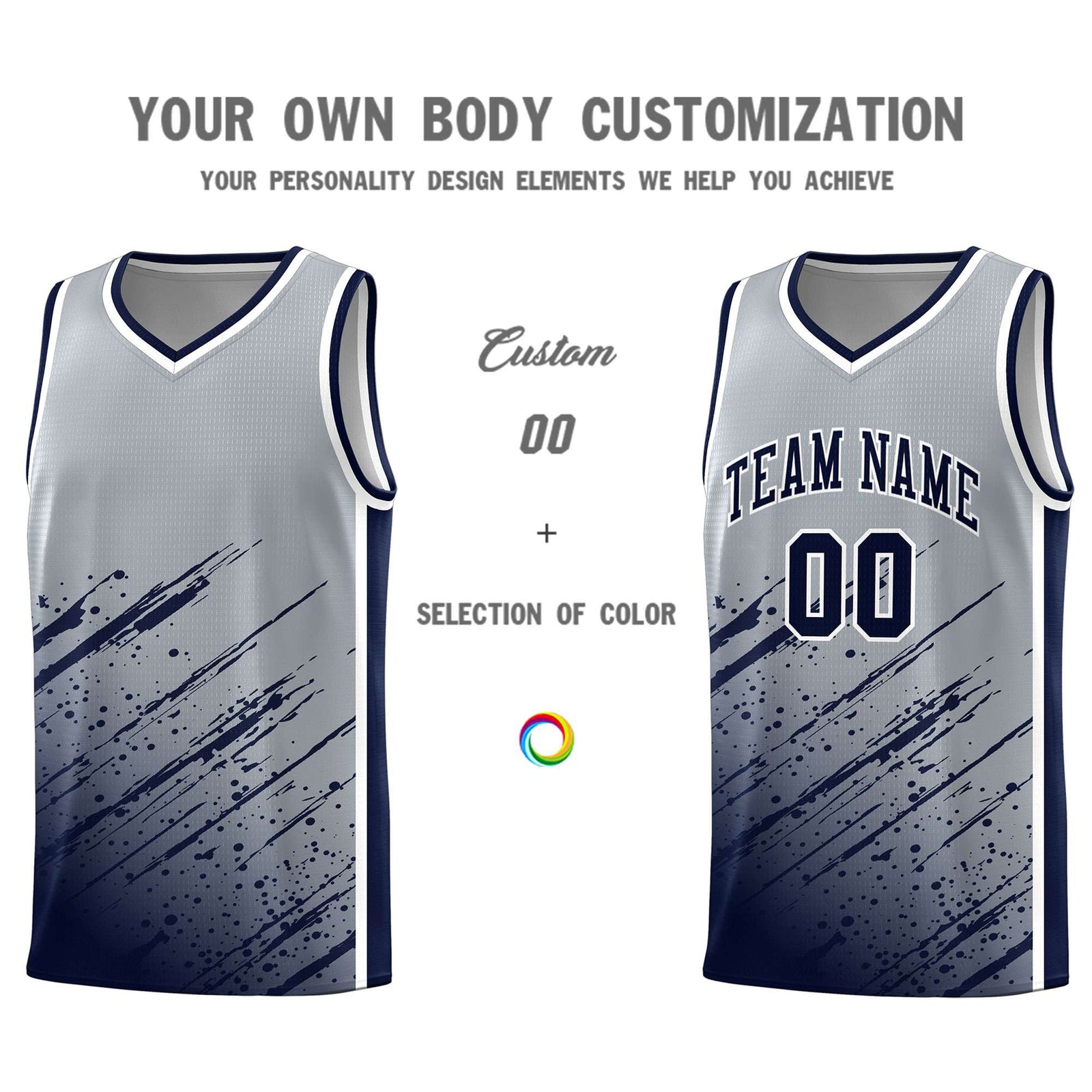 Custom Gray Basketball Kits With Navy Paint Graffiti