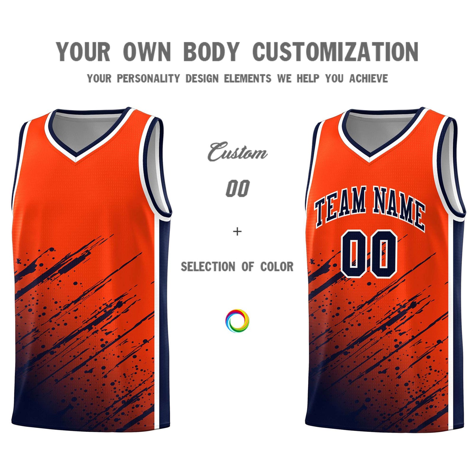 Custom Orange Basketball Kits With Navy Paint Graffiti