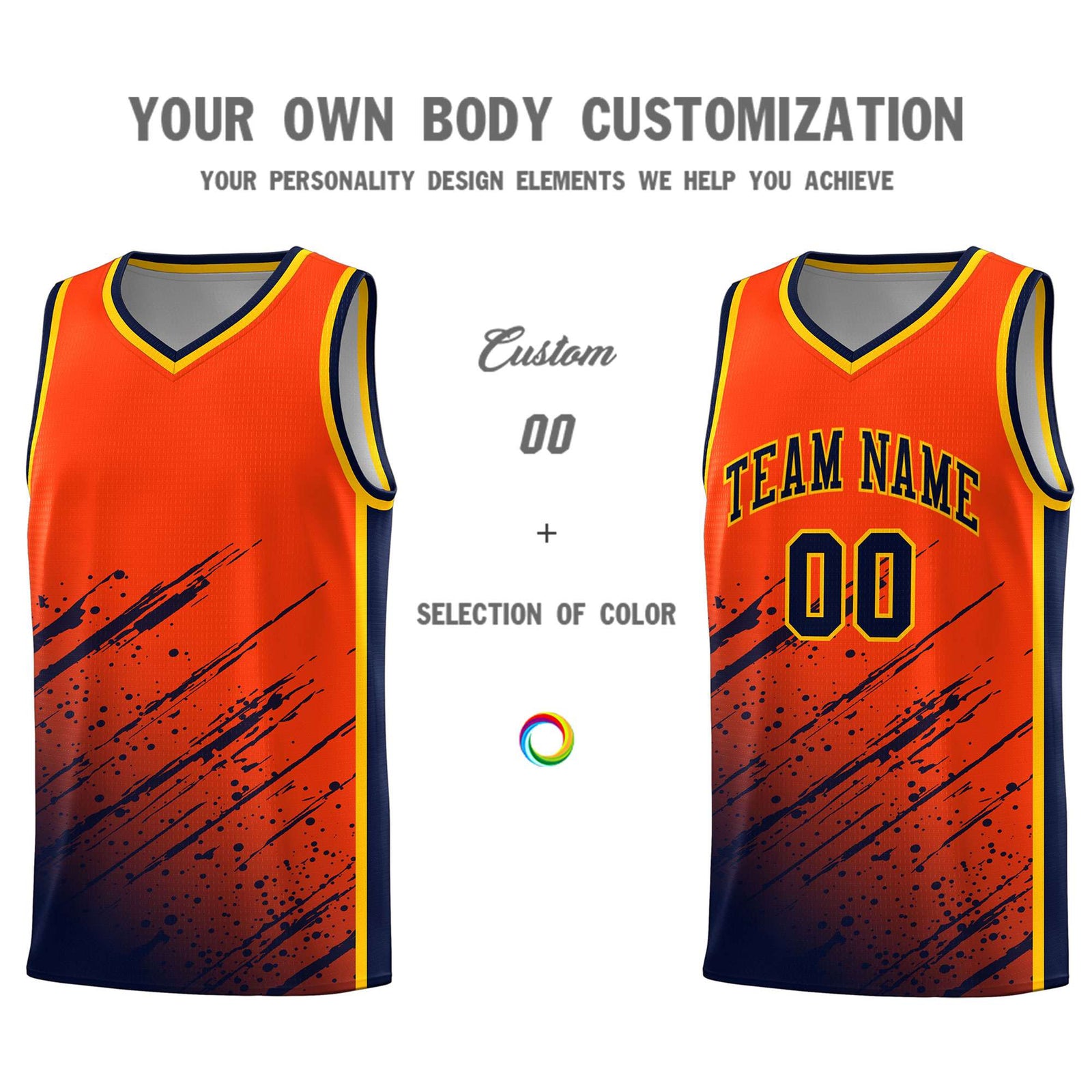 Custom Orange Basketball Kits With Navy Paint Graffiti