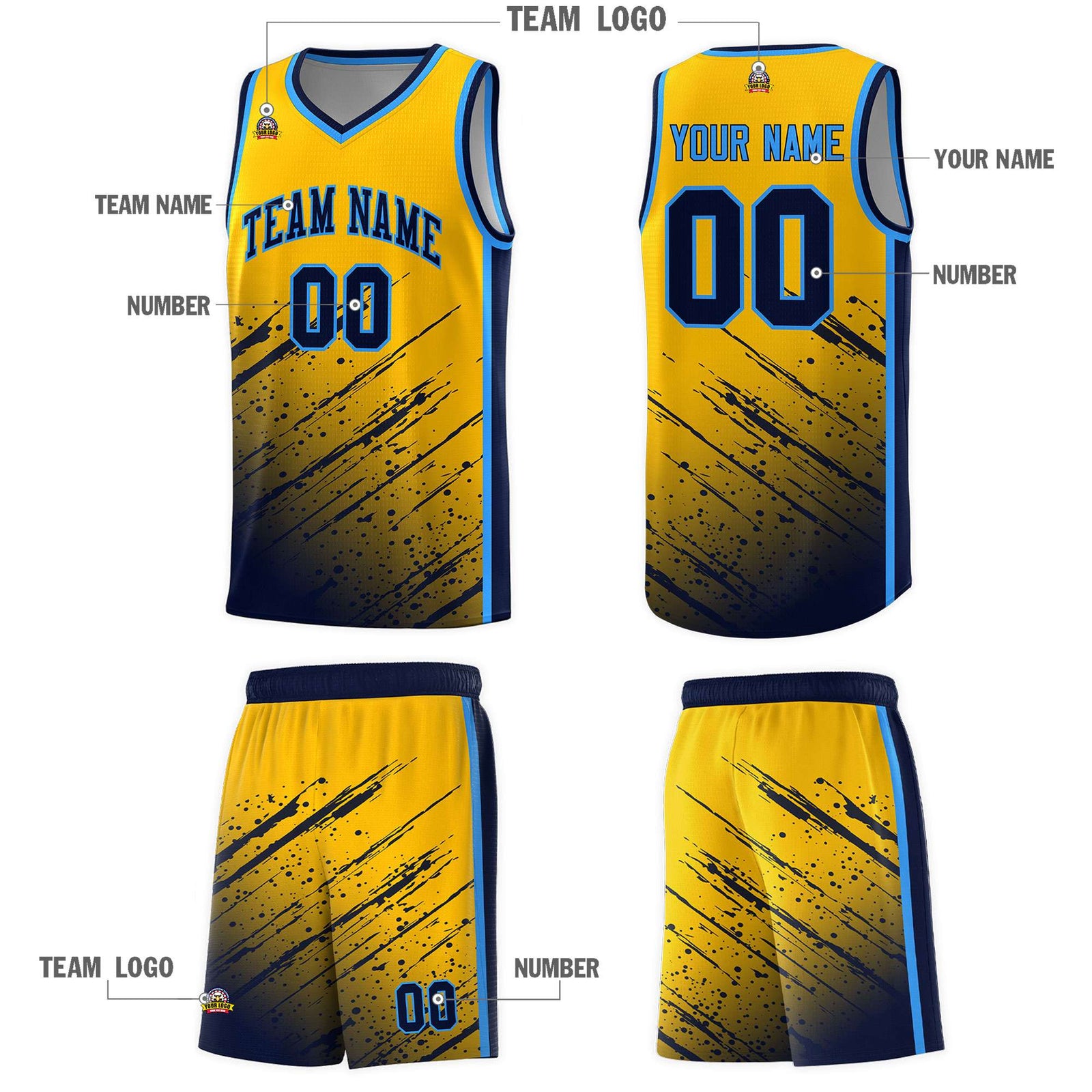Custom Yellow Basketball Kits With Navy Paint Graffiti