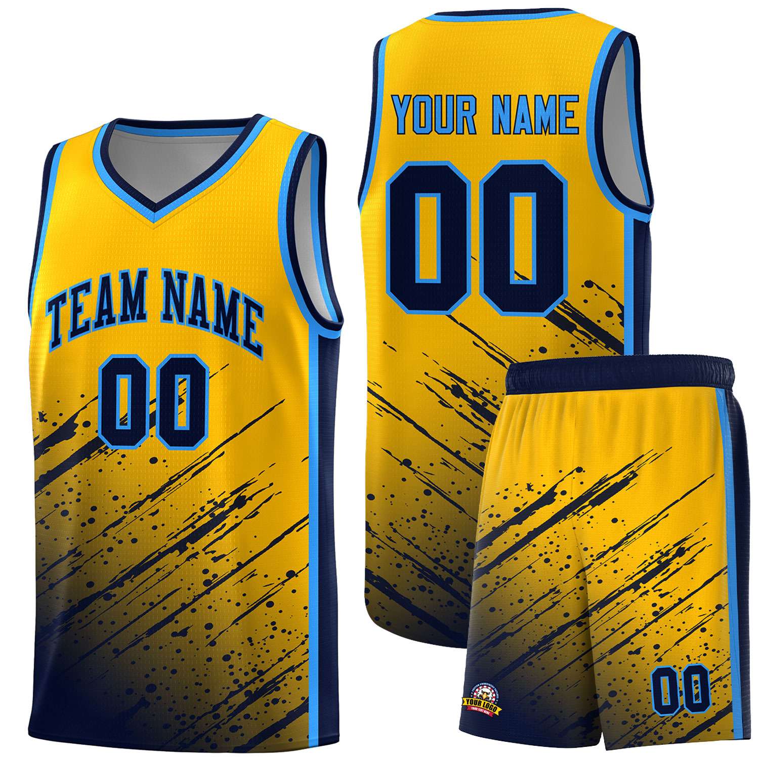 Custom Yellow Basketball Kits With Navy Paint Graffiti