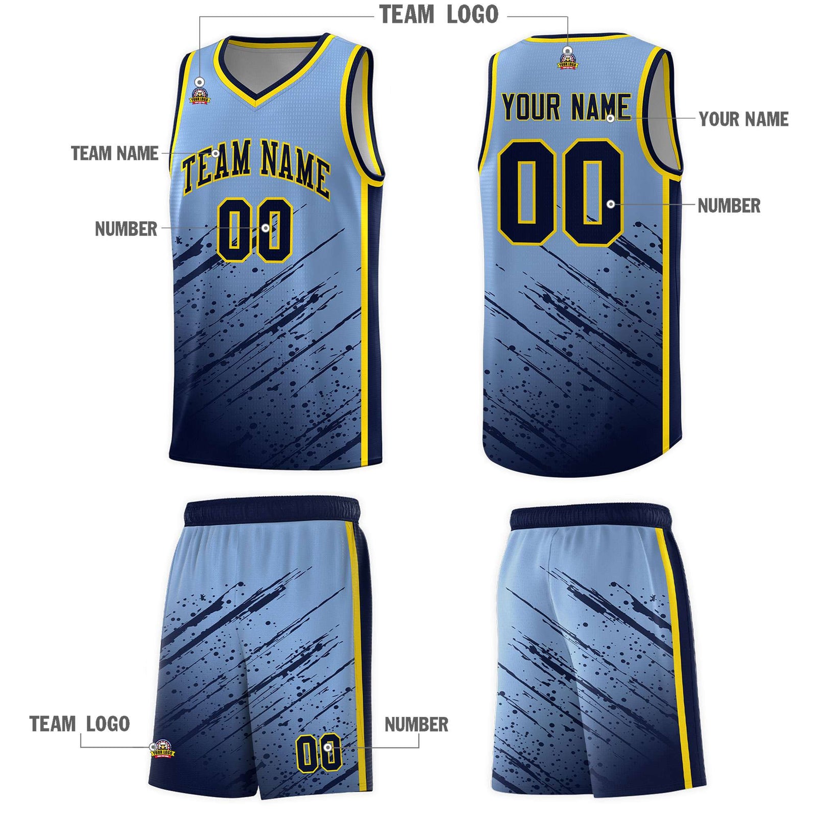 Custom Light Blue Basketball Kits With Navy Paint Graffiti