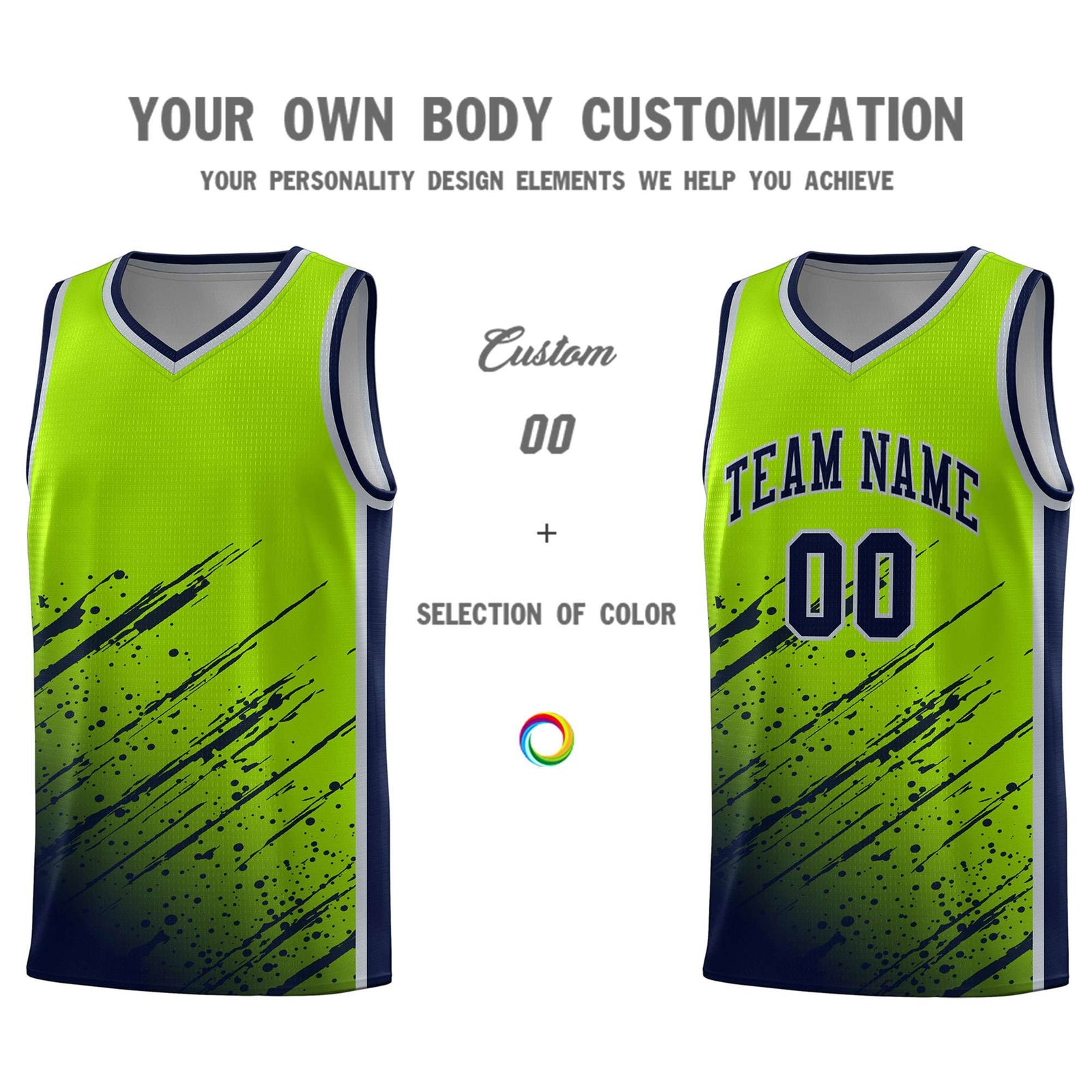 Custom Neon Green Basketball Kits With Navy Paint Graffiti