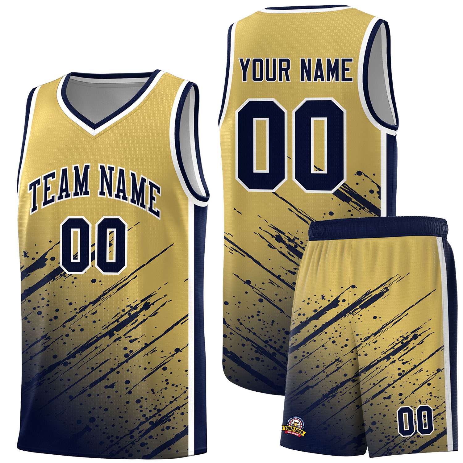 Custom Khaki Basketball Kits With Navy Paint Graffiti