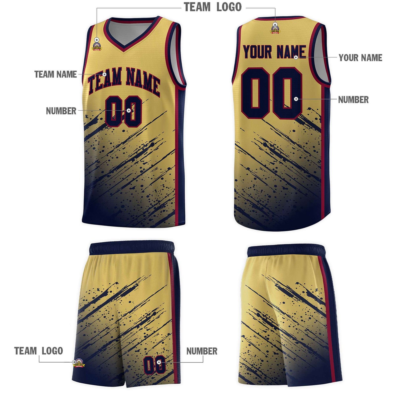 Custom Khaki Basketball Kits With Navy Paint Graffiti