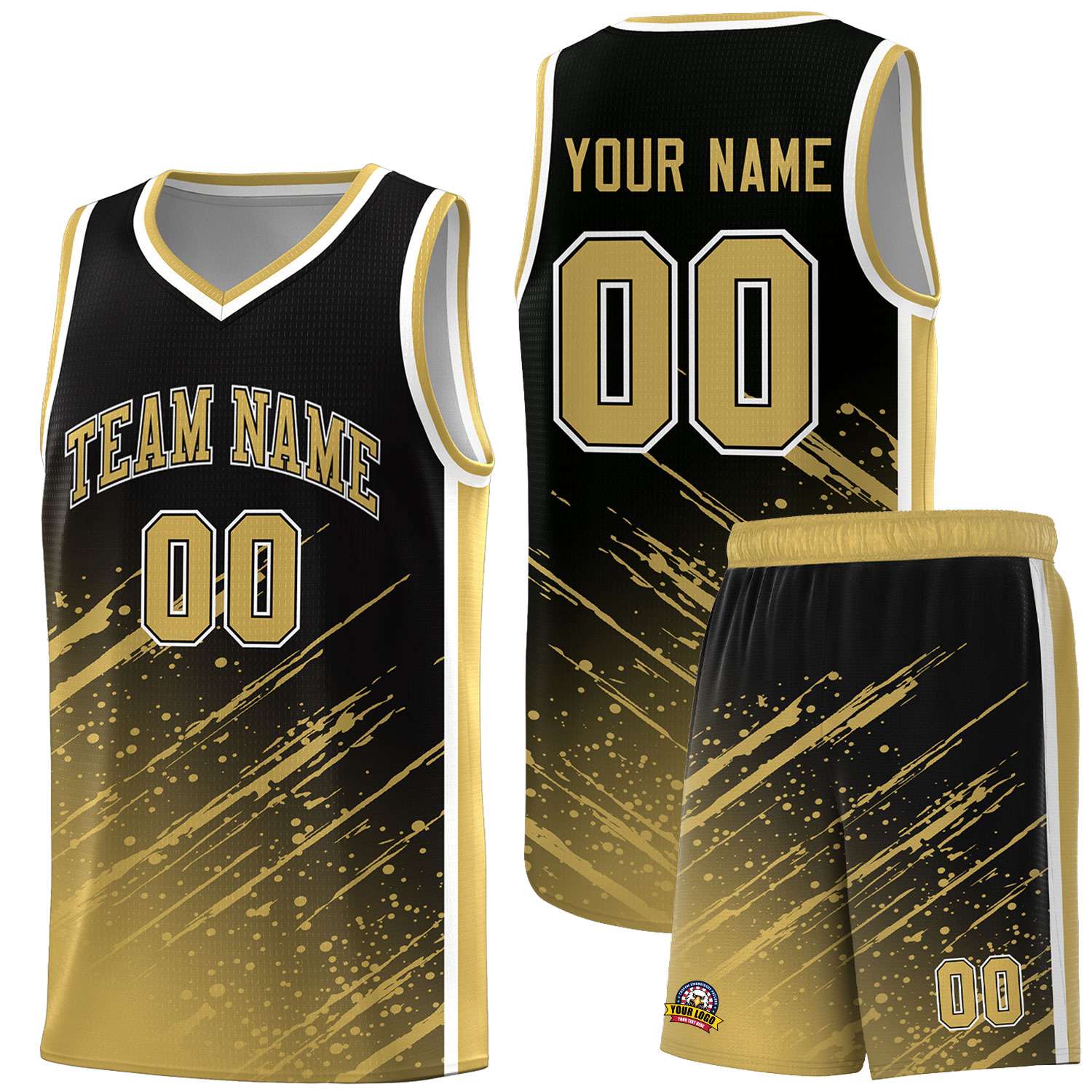 Custom Black Basketball Kits With Old Gold Paint Graffiti