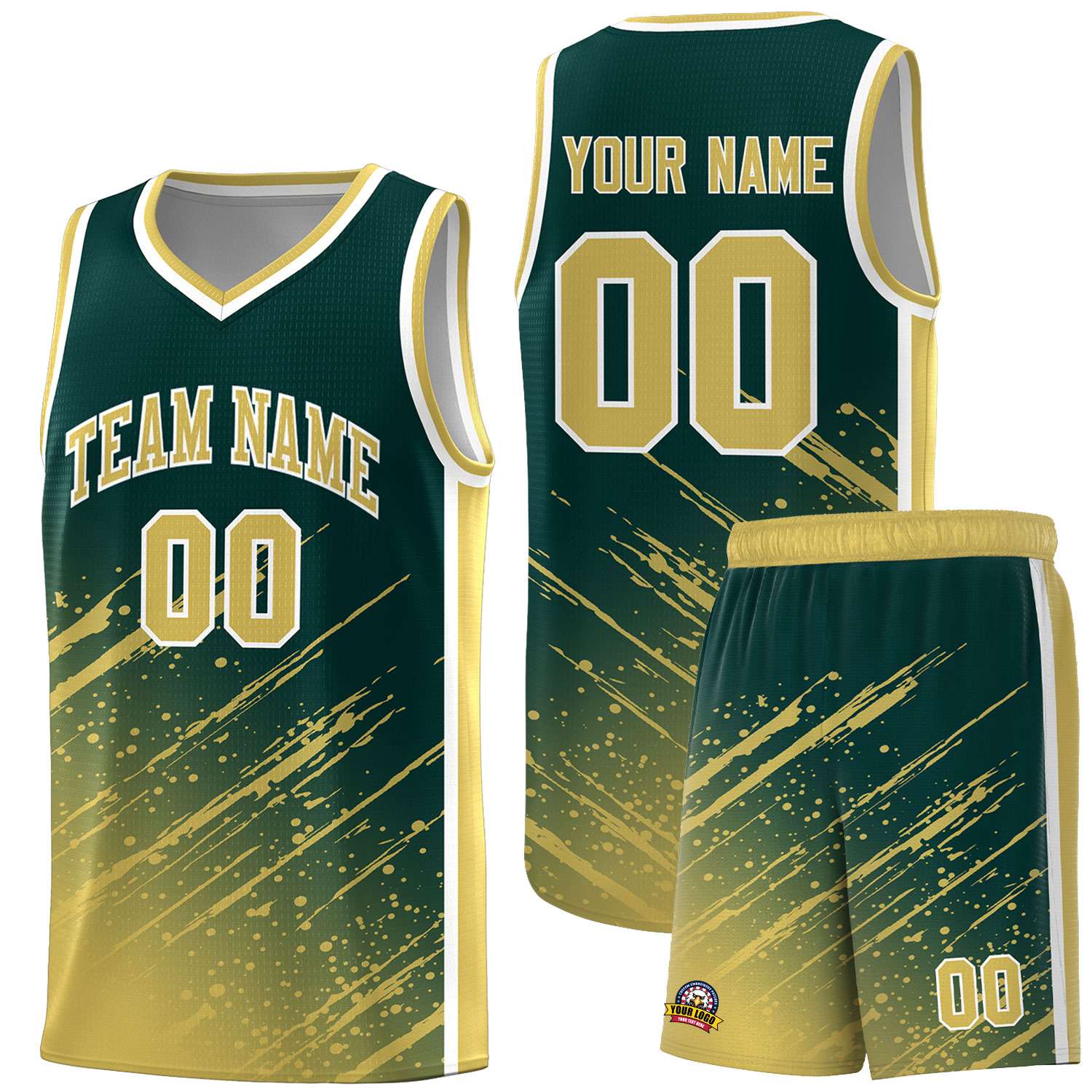 Custom Midnight Green Basketball Kits With Khaki Paint Graffiti