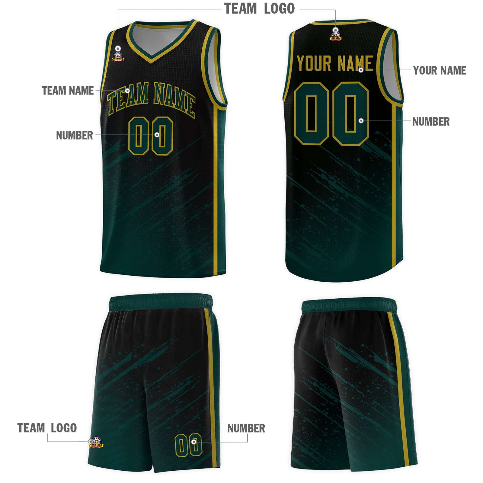 Custom Black Basketball Kits With Midnight Green Paint Graffiti