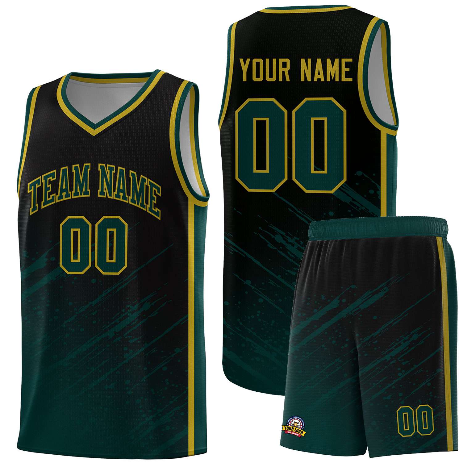 Custom Black Basketball Kits With Midnight Green Paint Graffiti