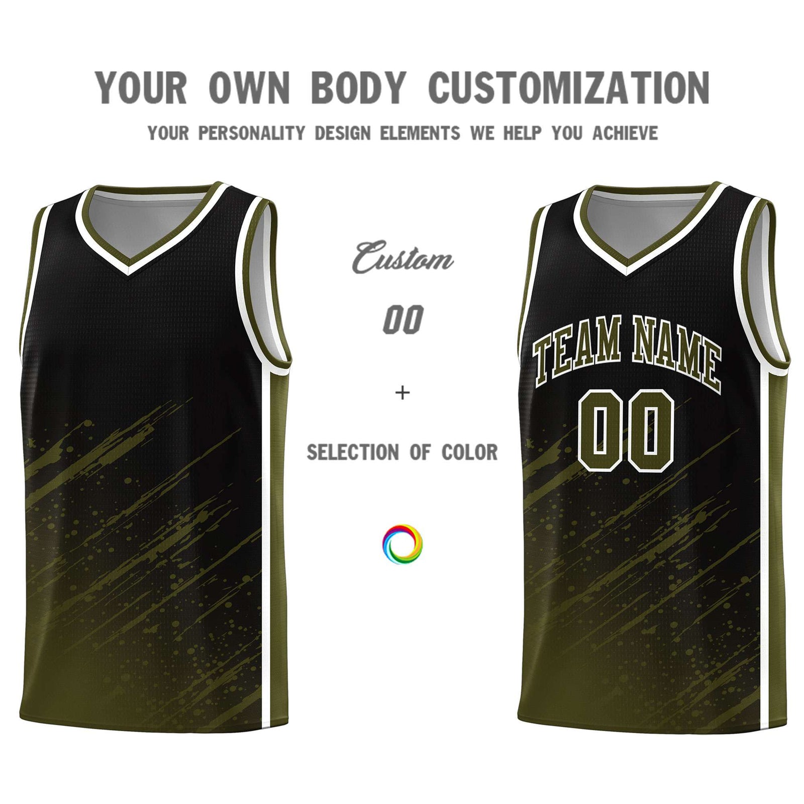 Custom Black Basketball Kits With Olive Paint Graffiti