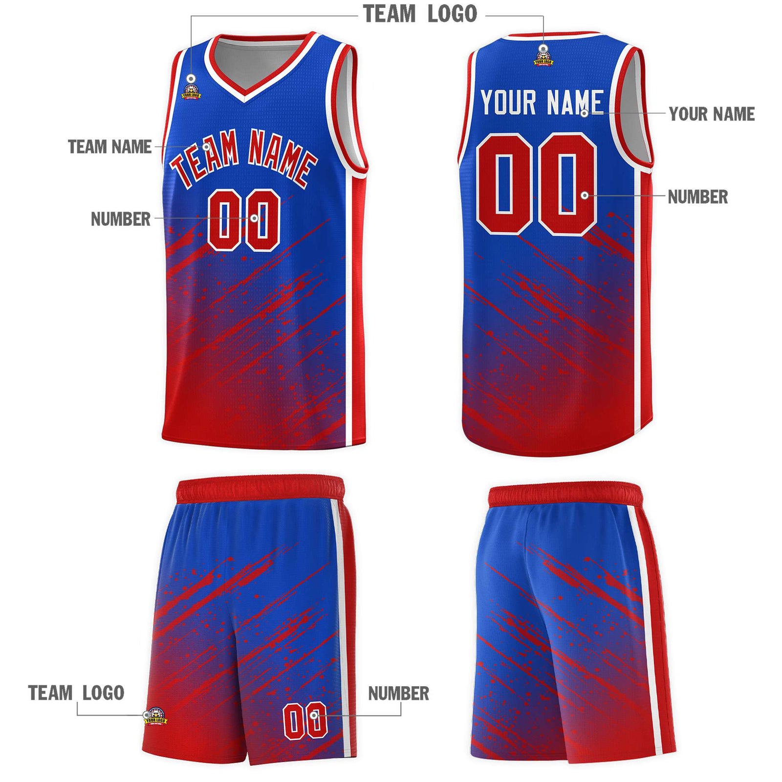 Custom Royal Basketball Kits With Red Paint Graffiti