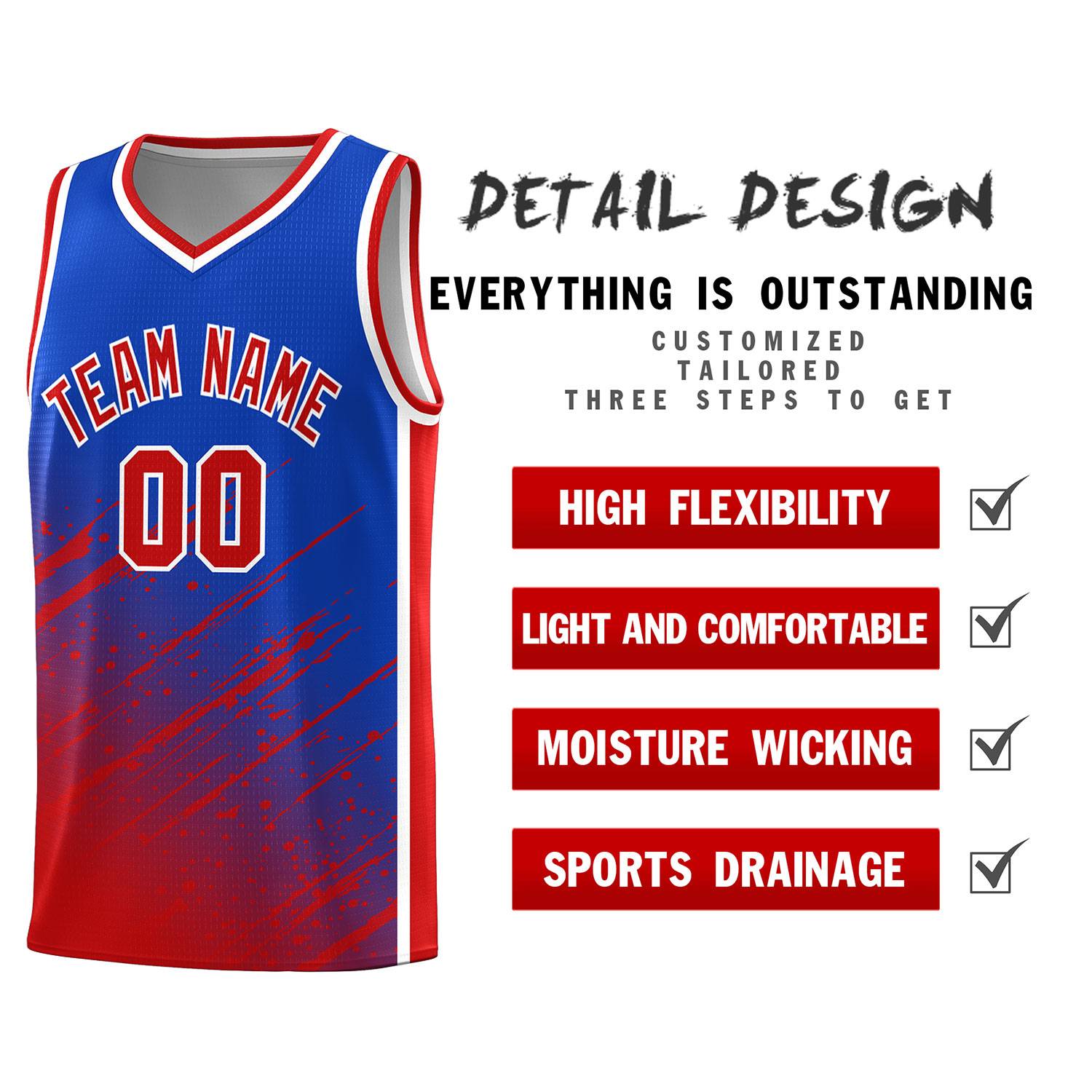 Custom Royal Basketball Kits With Red Paint Graffiti