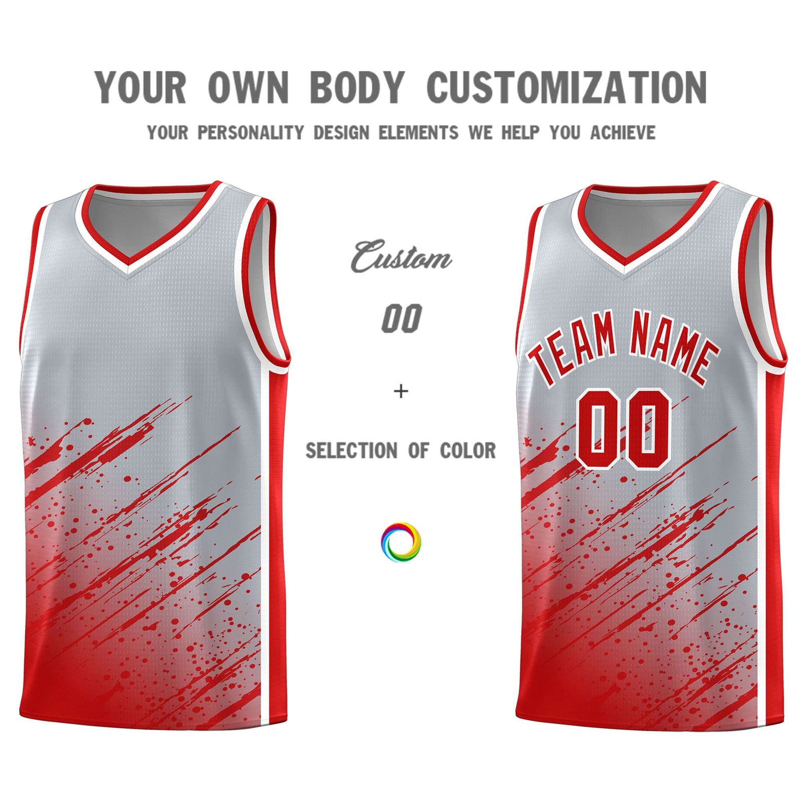 Custom Gray Basketball Kits With Red Paint Graffiti