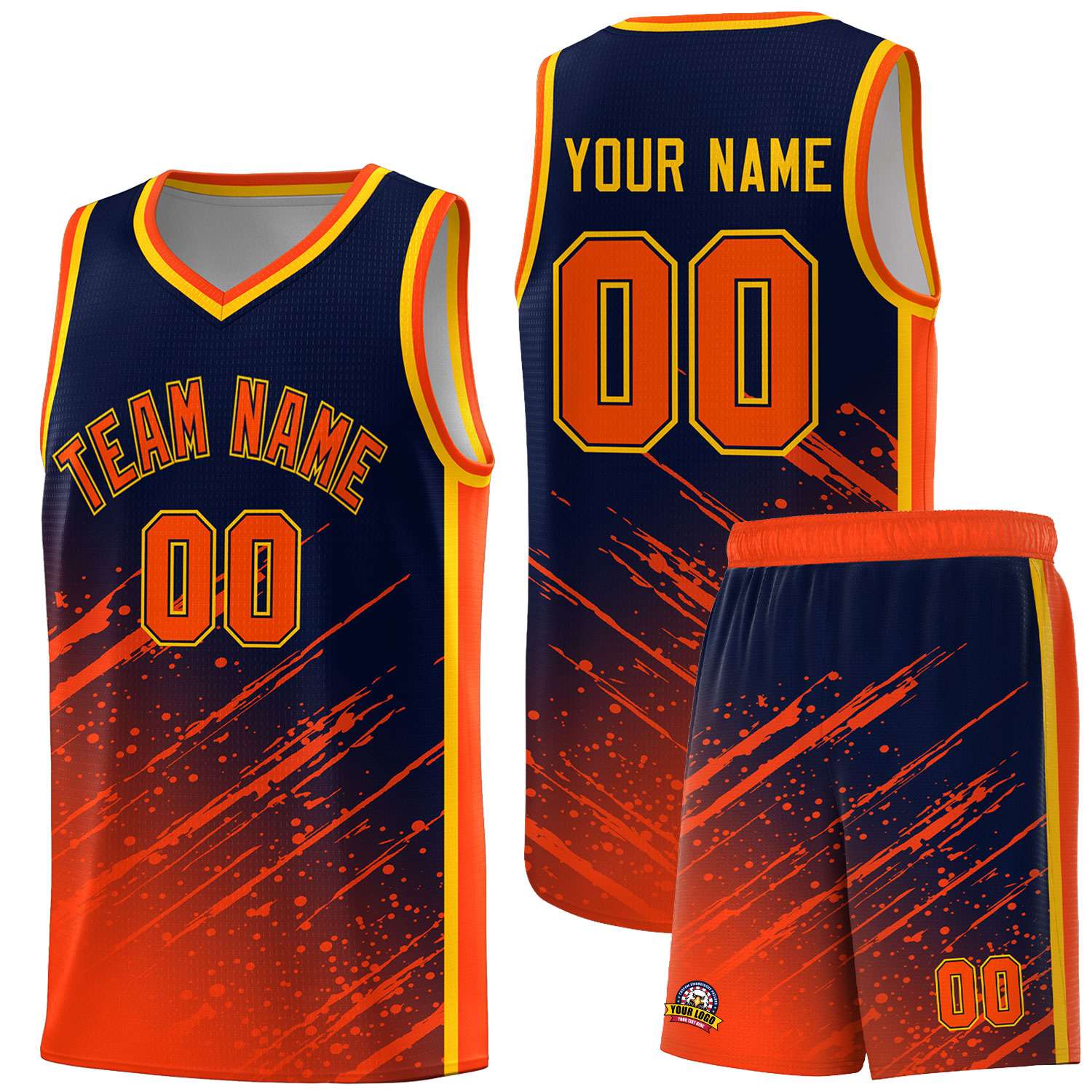 Custom Navy Basketball Kits With Orange Paint Graffiti