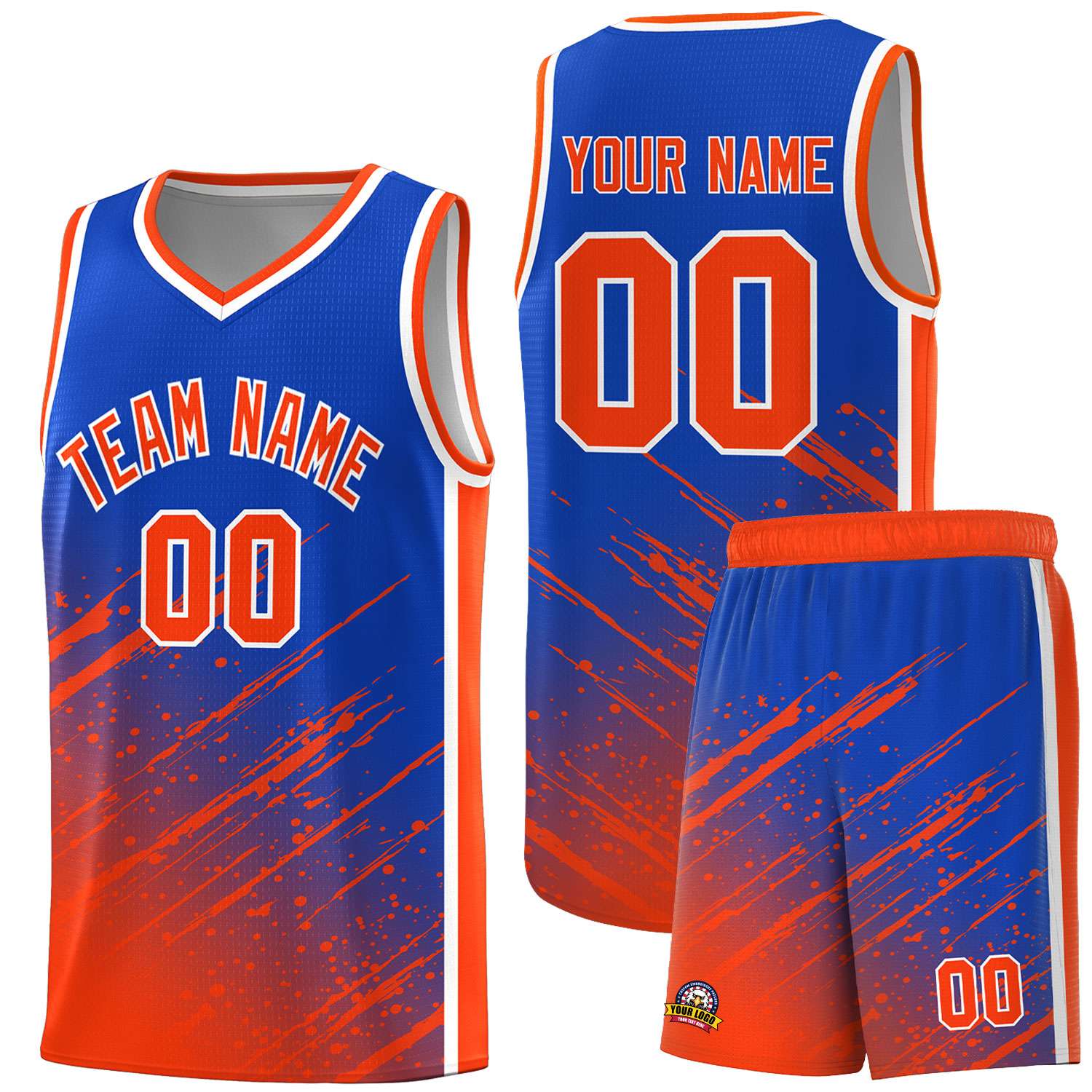 Custom Royal Basketball Kits With Orange Paint Graffiti