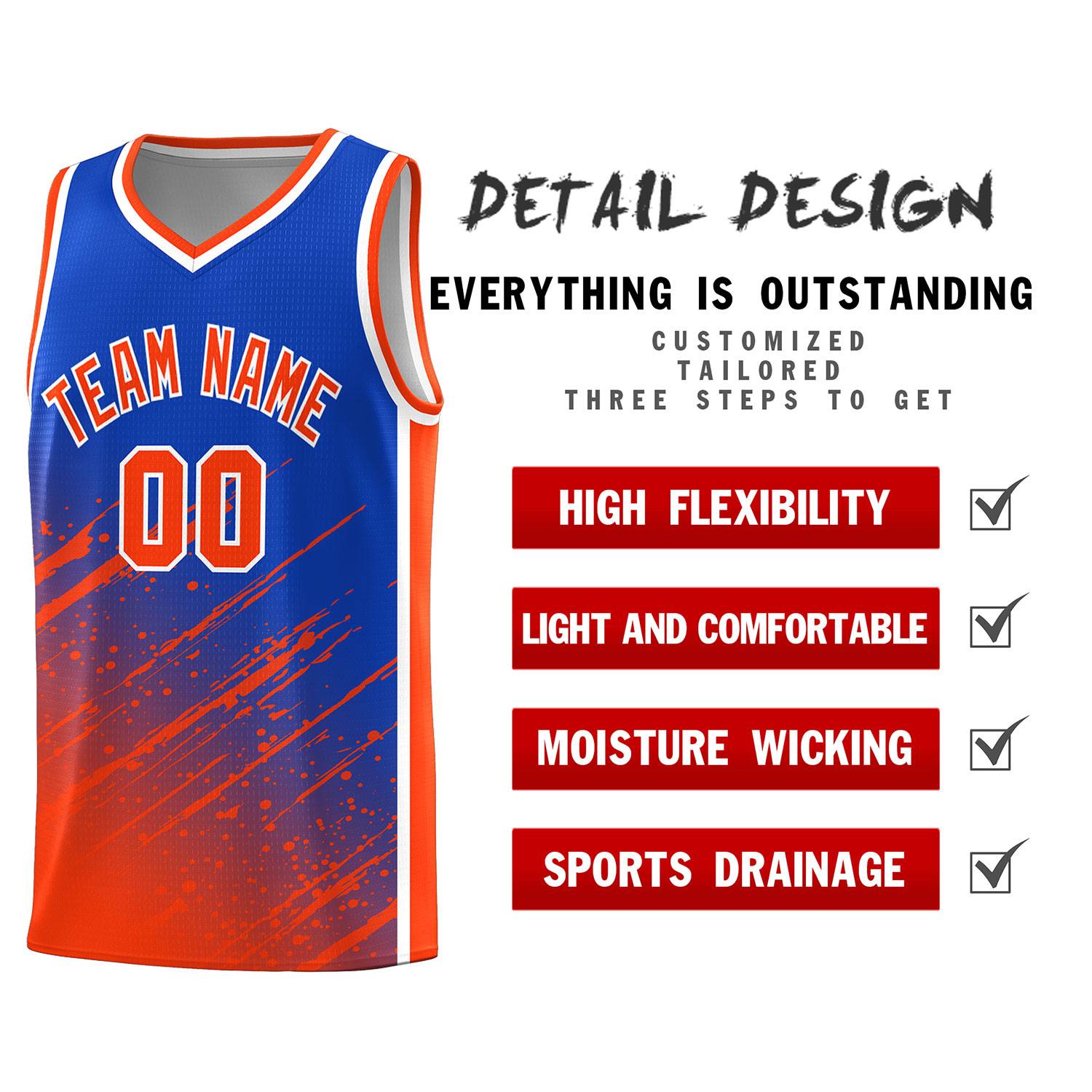 Custom Royal Basketball Kits With Orange Paint Graffiti