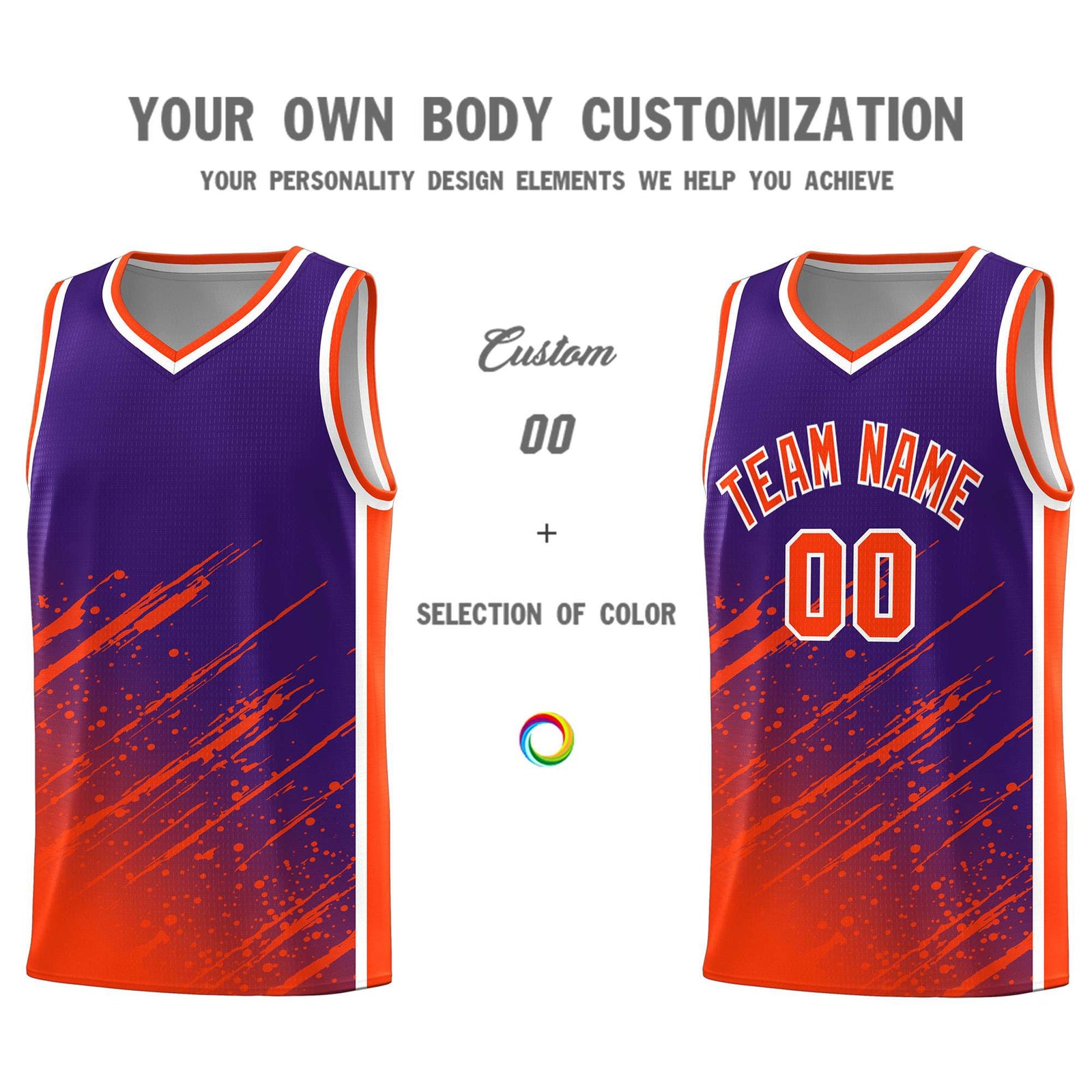 Custom Purple Basketball Kits With Orange Paint Graffiti