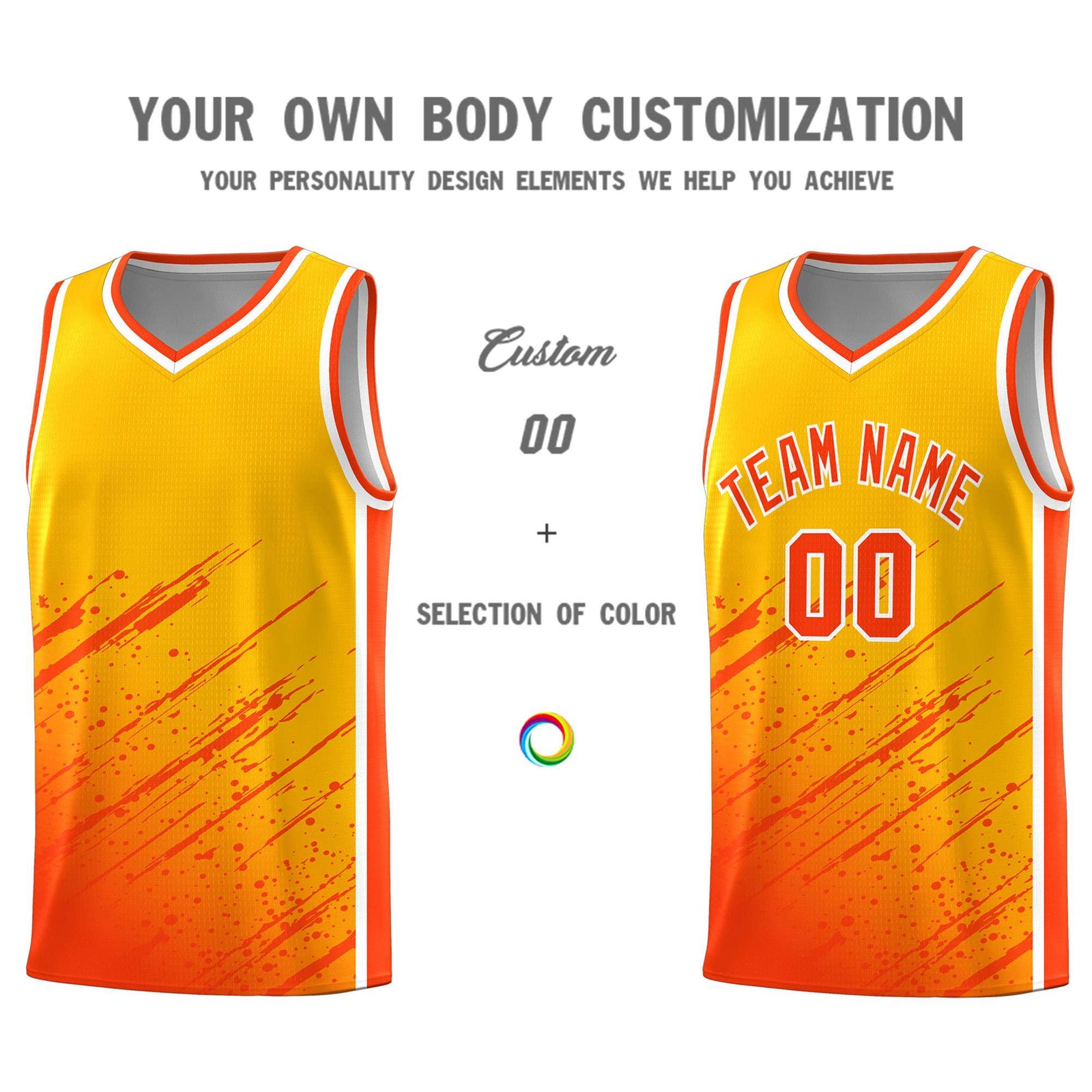 Custom Yellow Basketball Kits With Orange Paint Graffiti