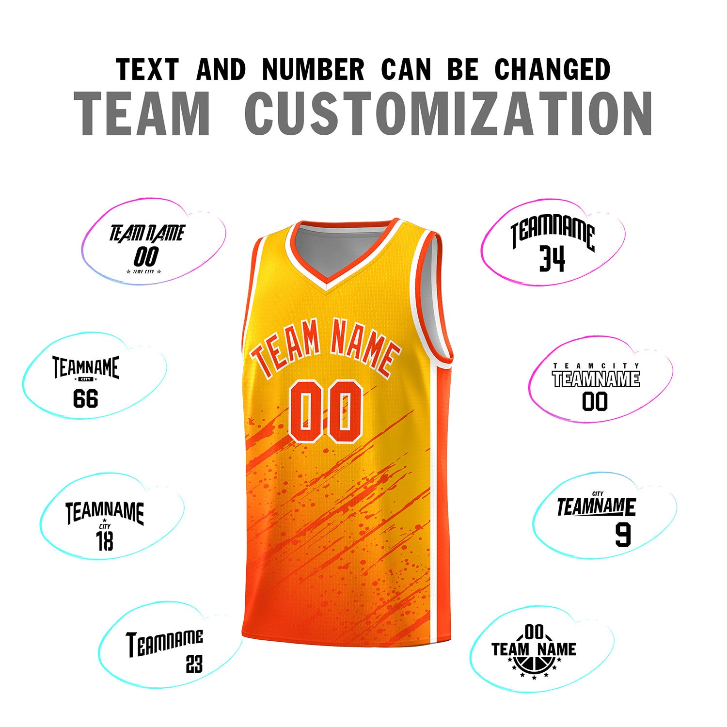 Custom Yellow Basketball Kits With Orange Paint Graffiti