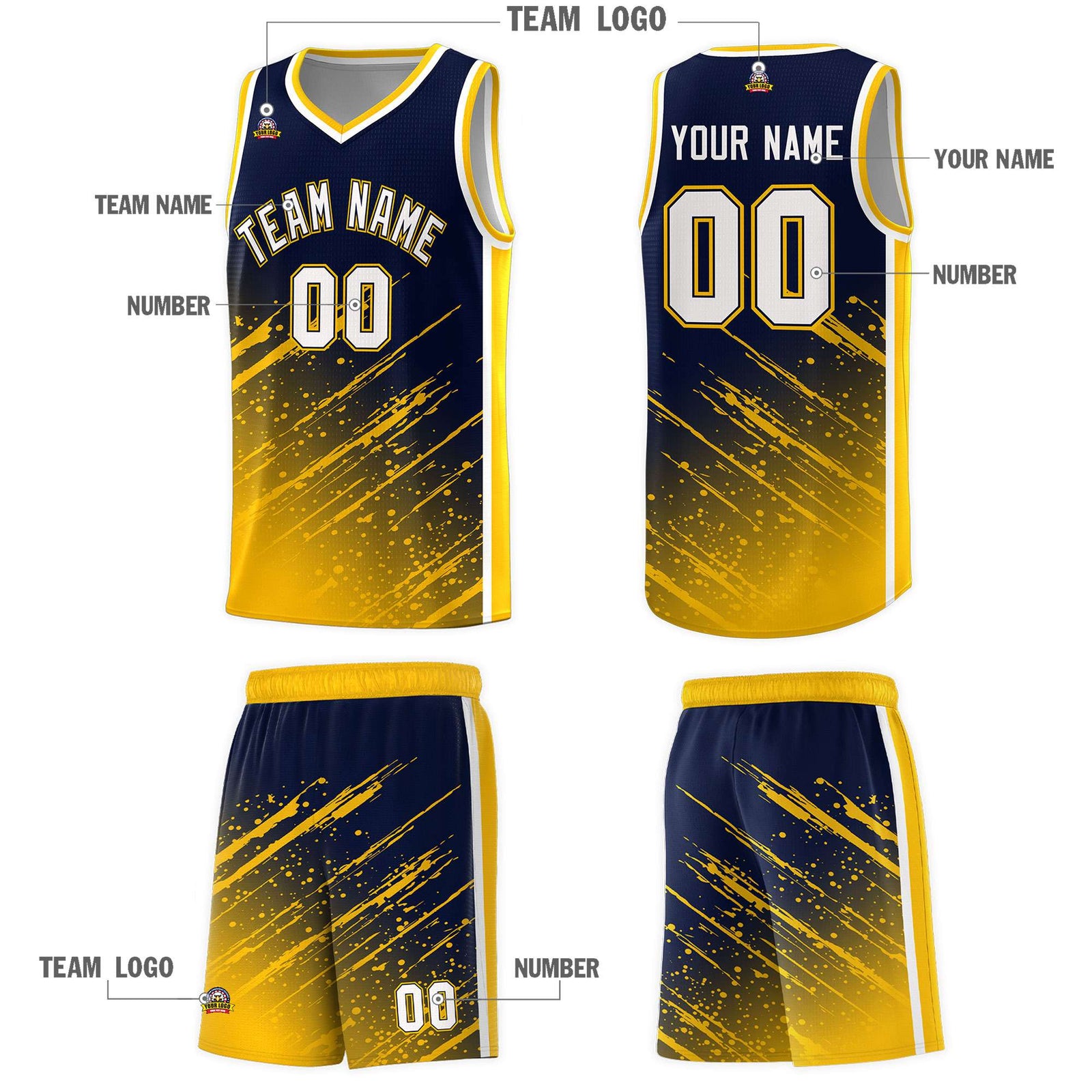 Custom Navy Basketball Kits With Yellow Paint Graffiti